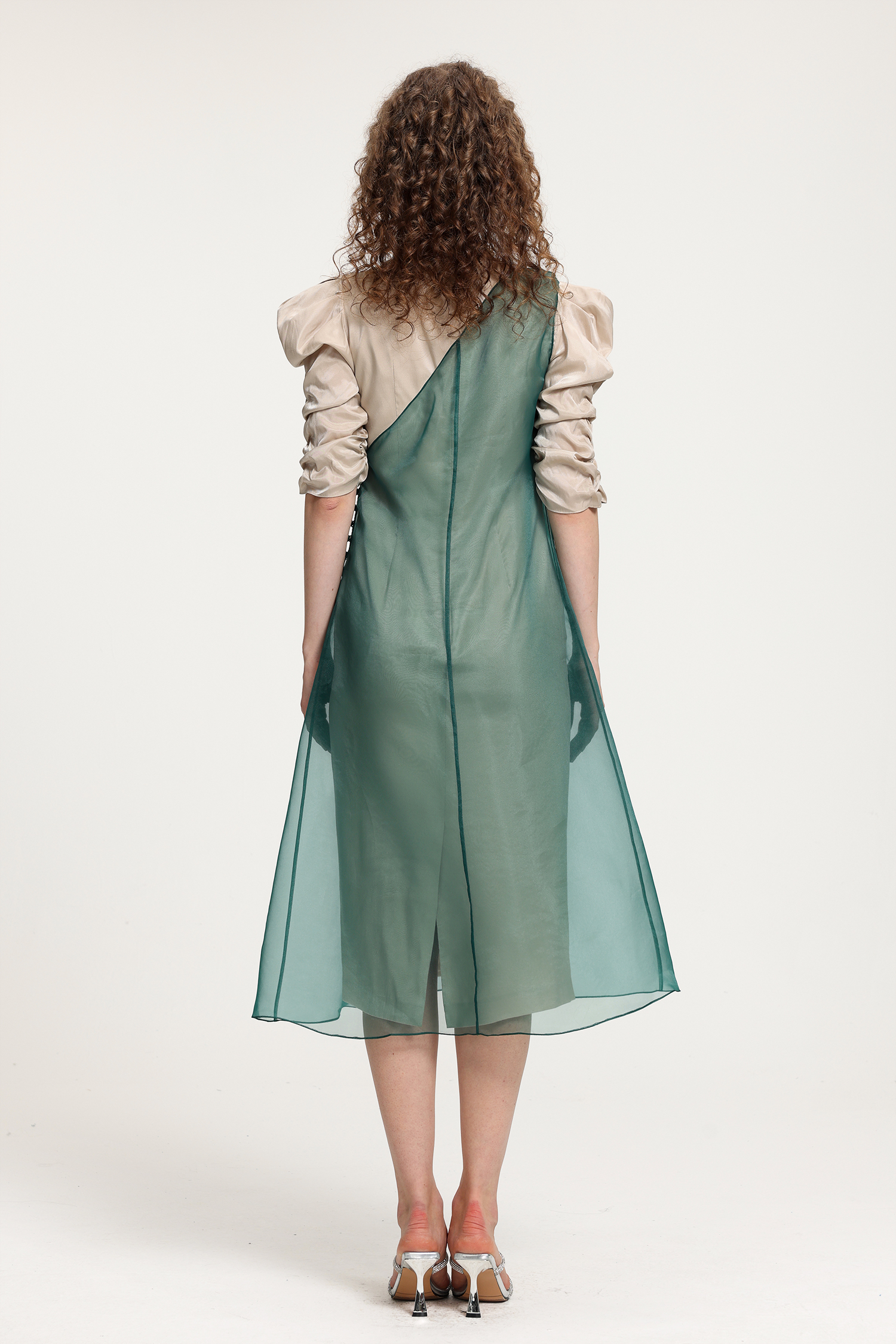 Beige & Teal Organza Midi Dress With Puffed Sleeves & Layered Ruffle Detail