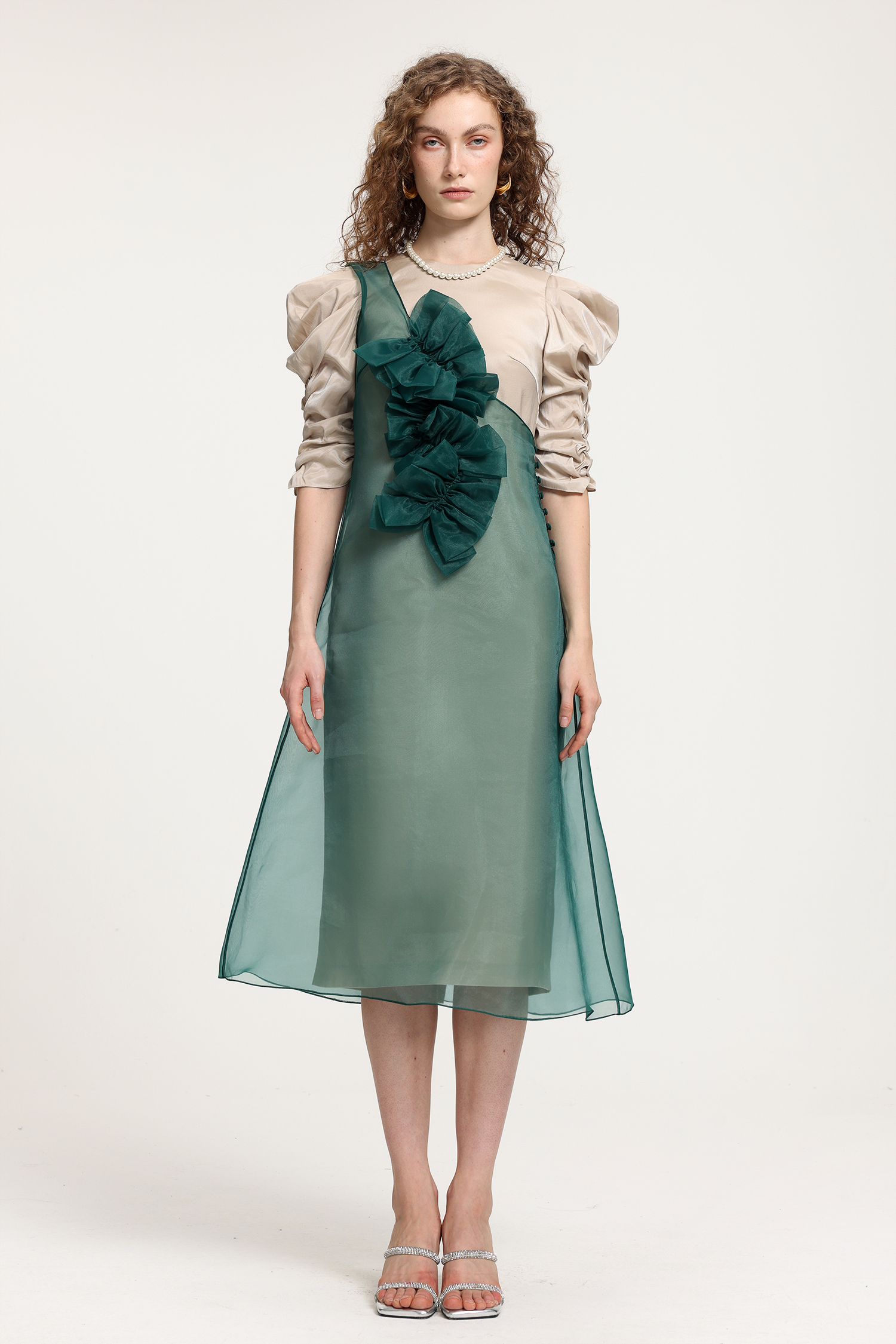 Beige & Teal Organza Midi Dress With Puffed Sleeves & Layered Ruffle Detail