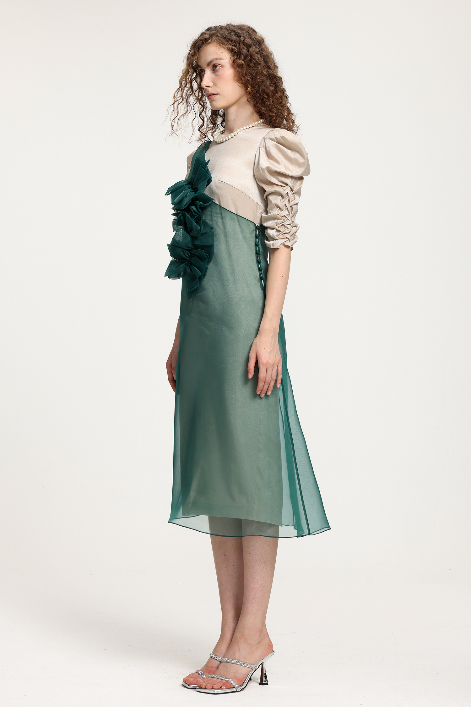 Beige & Teal Organza Midi Dress With Puffed Sleeves & Layered Ruffle Detail