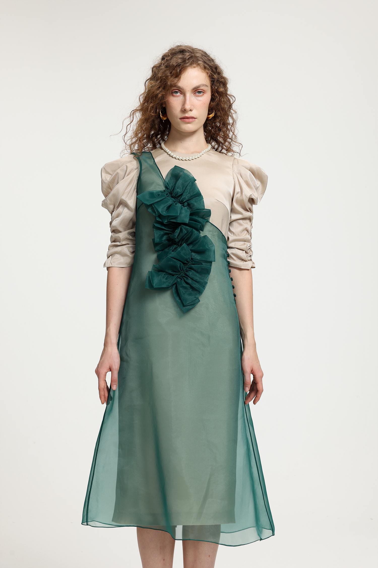 Beige & Teal Organza Midi Dress With Puffed Sleeves & Layered Ruffle Detail