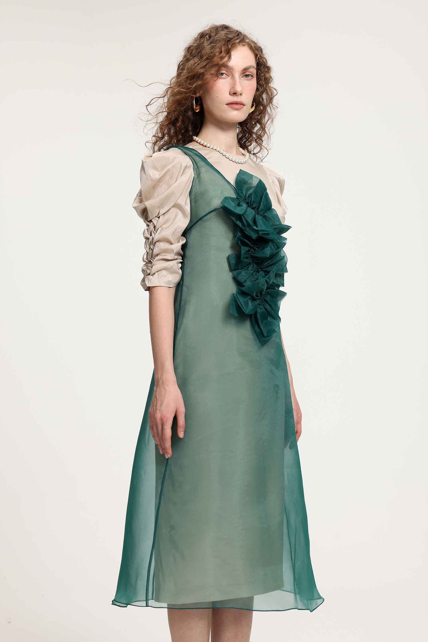 Beige & Teal Organza Midi Dress With Puffed Sleeves & Layered Ruffle Detail