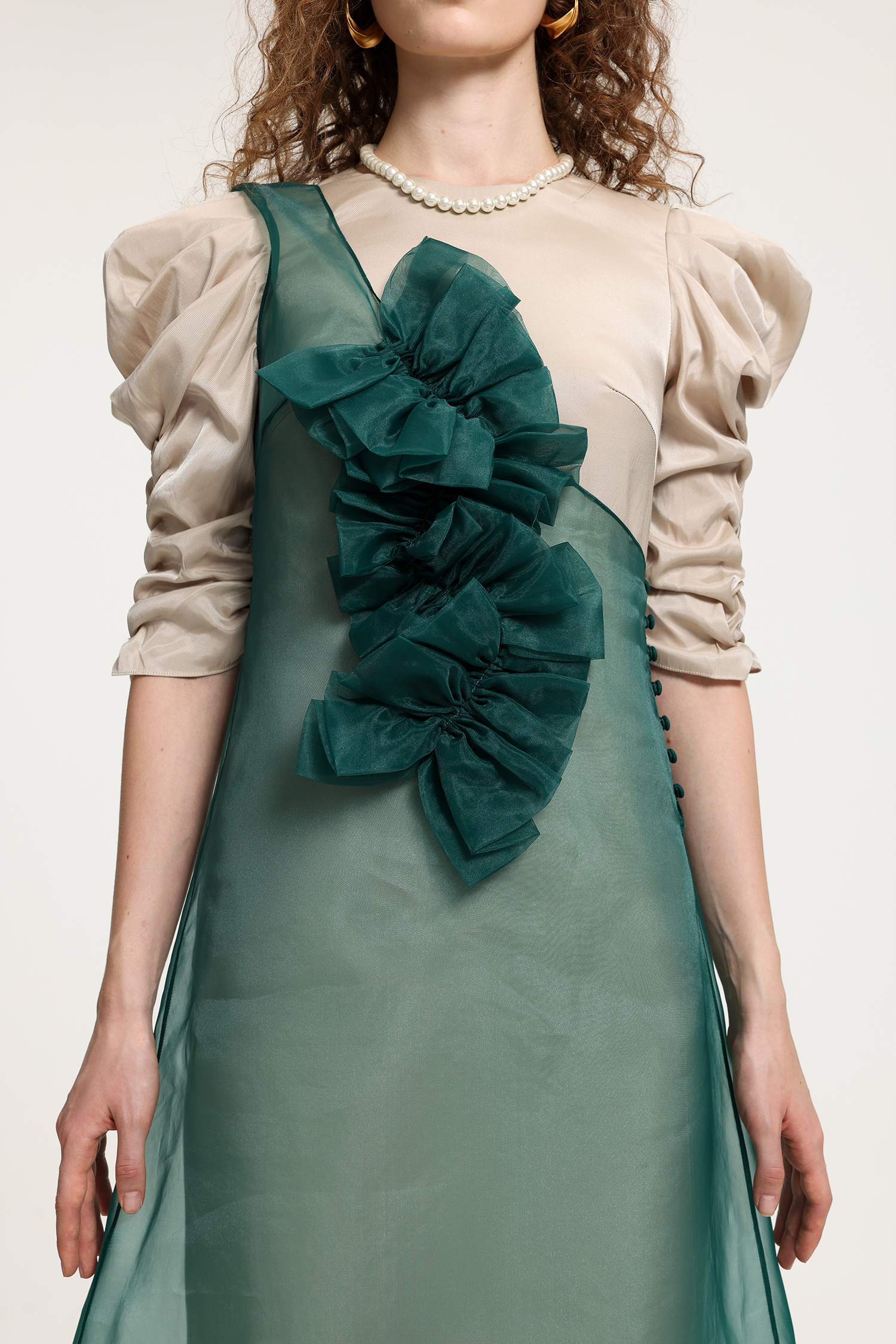 Beige & Teal Organza Midi Dress With Puffed Sleeves & Layered Ruffle Detail