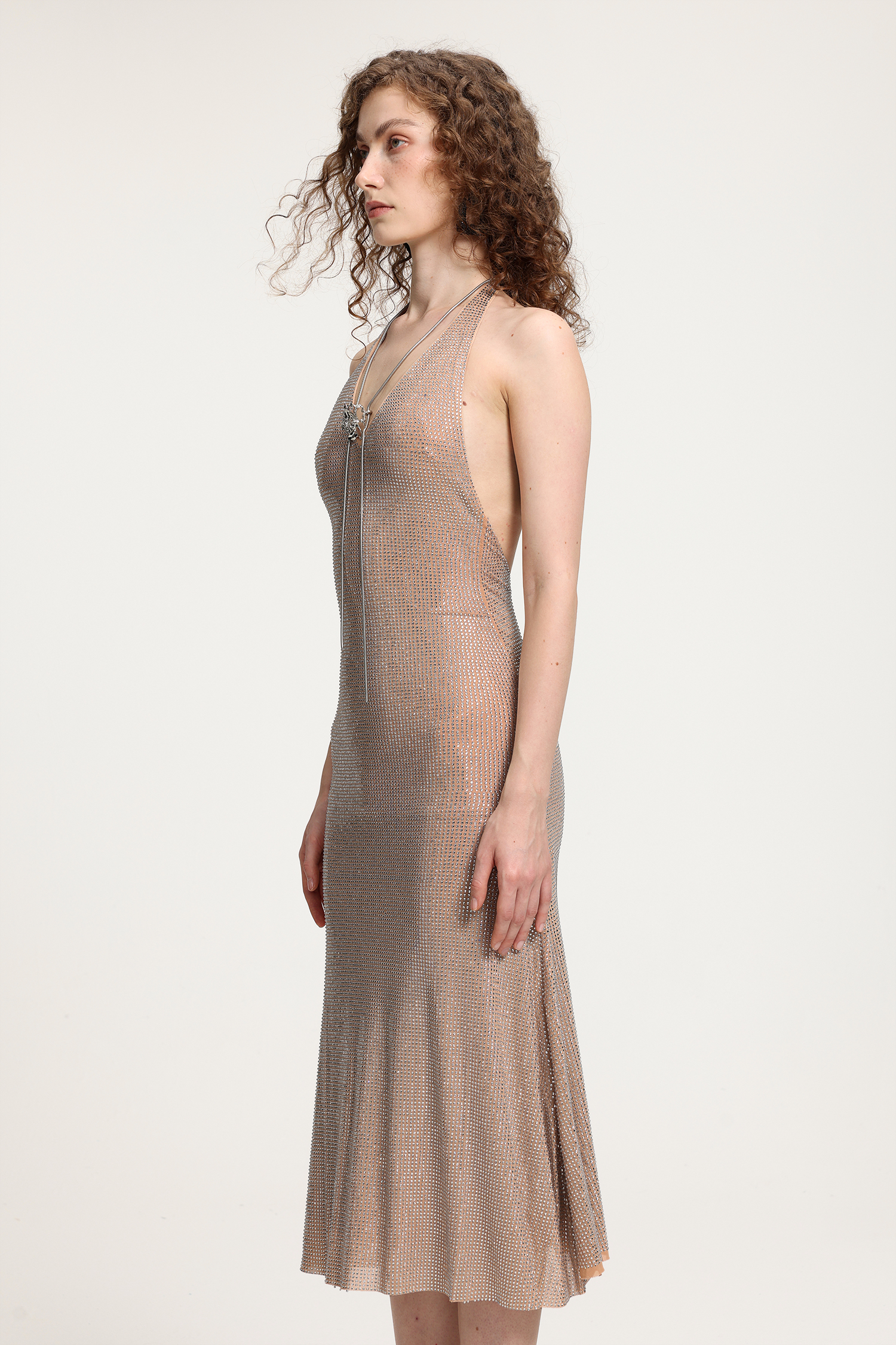 Nude Chainmail Halter Neck Midi Dress With Figure-Hugging Fit
