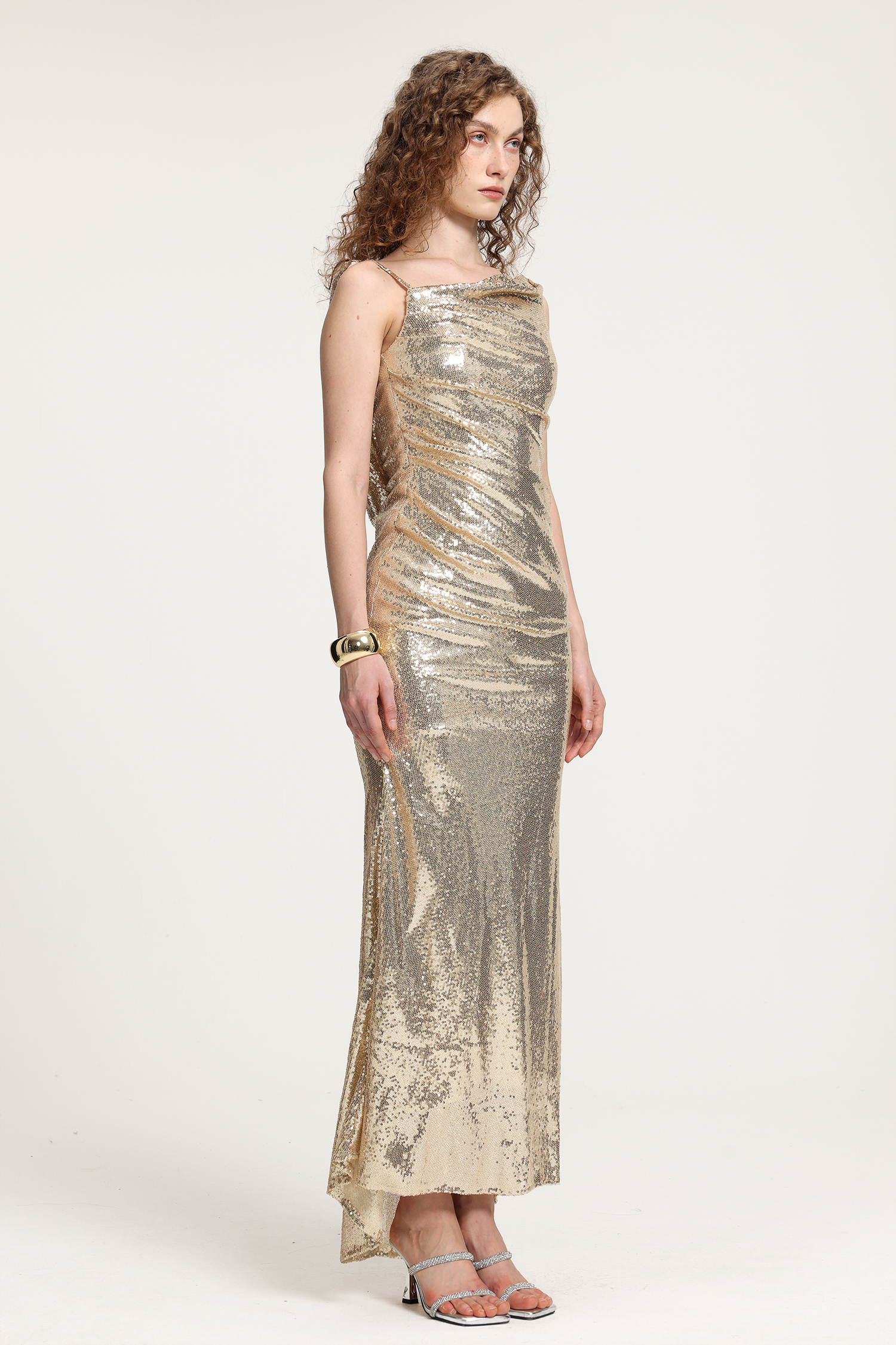 Gold Sequin Asymmetric One-Shoulder Floor-Length Dress With Draped Bodice Detailing