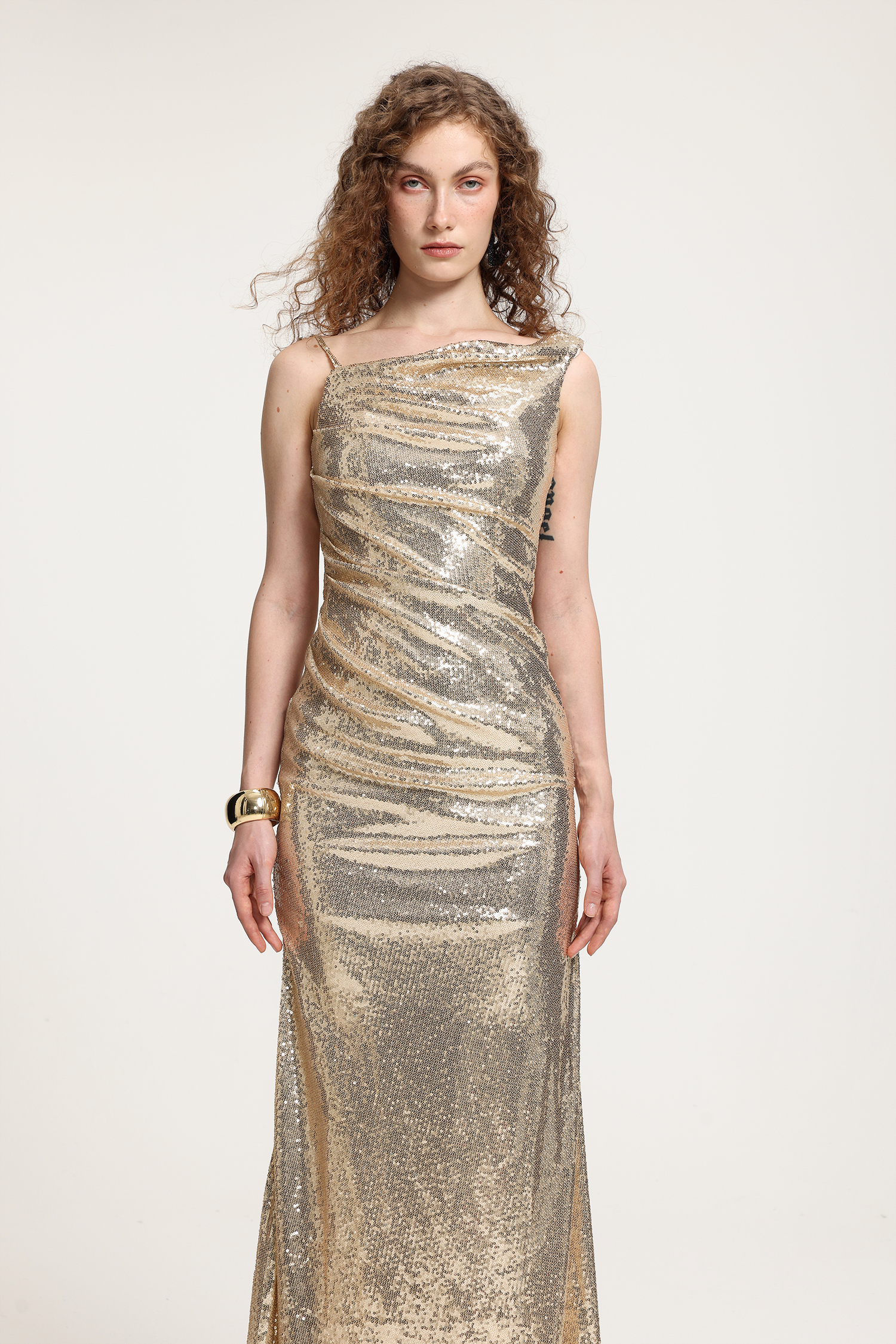 Gold Sequin Asymmetric One-Shoulder Floor-Length Dress With Draped Bodice Detailing