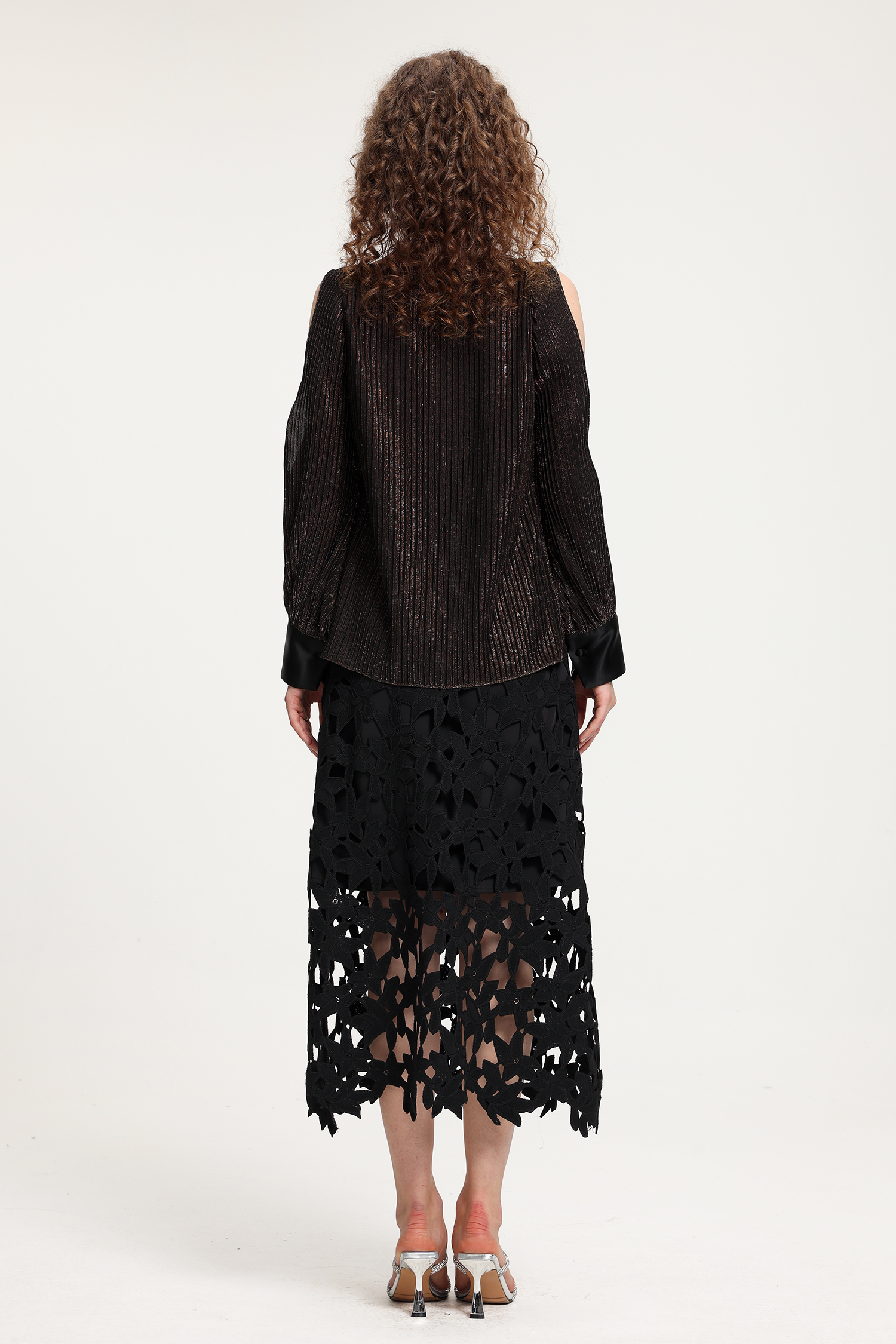 Black Lace Midi Skirt With Oversized Geometric Cutout Detailing