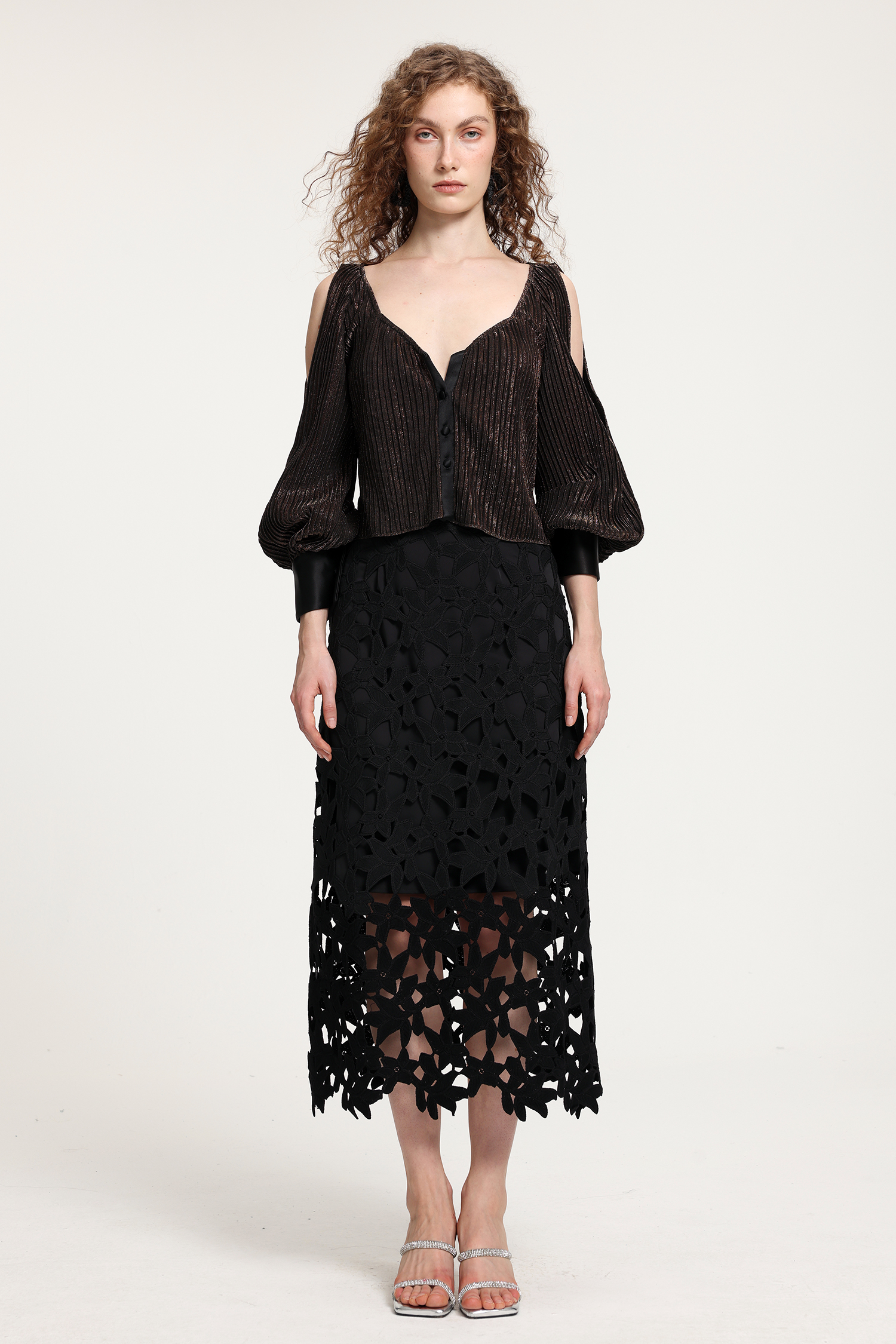 Black Lace Midi Skirt With Oversized Geometric Cutout Detailing