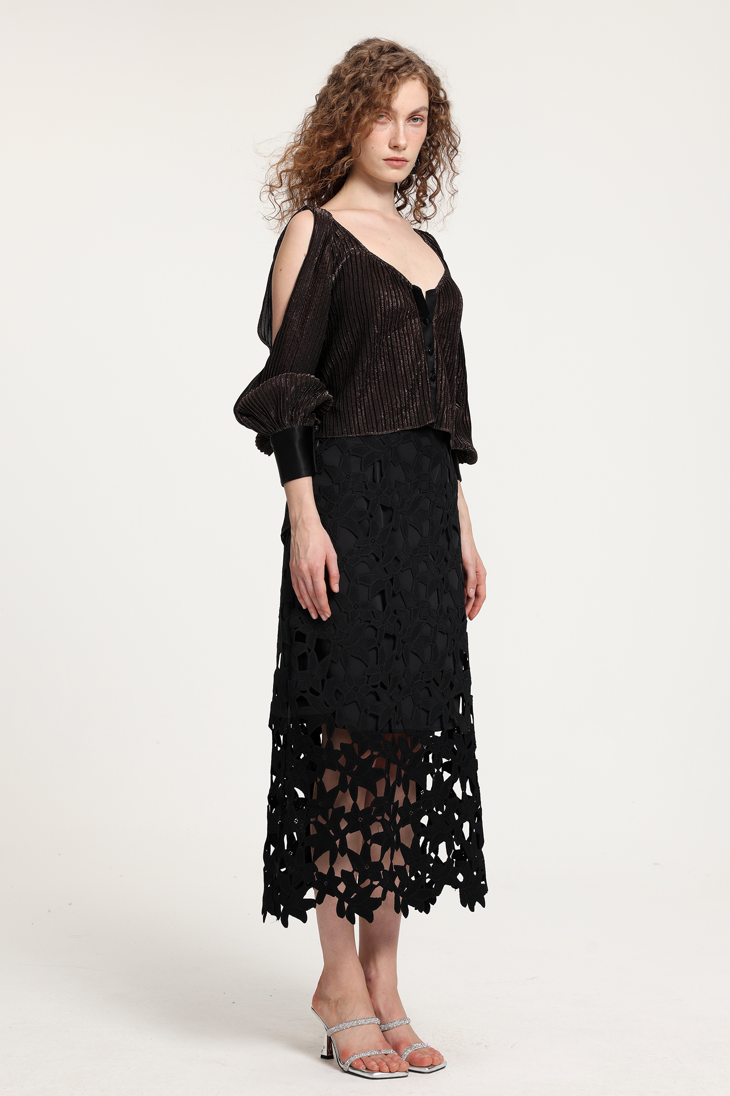 Black Lace Midi Skirt With Oversized Geometric Cutout Detailing