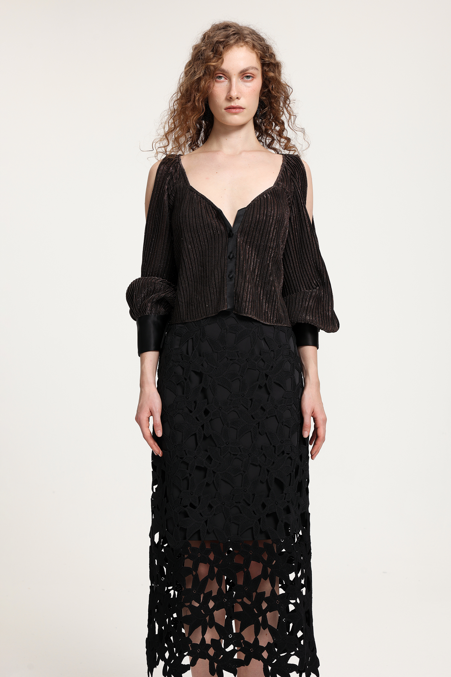 Black Lace Midi Skirt With Oversized Geometric Cutout Detailing