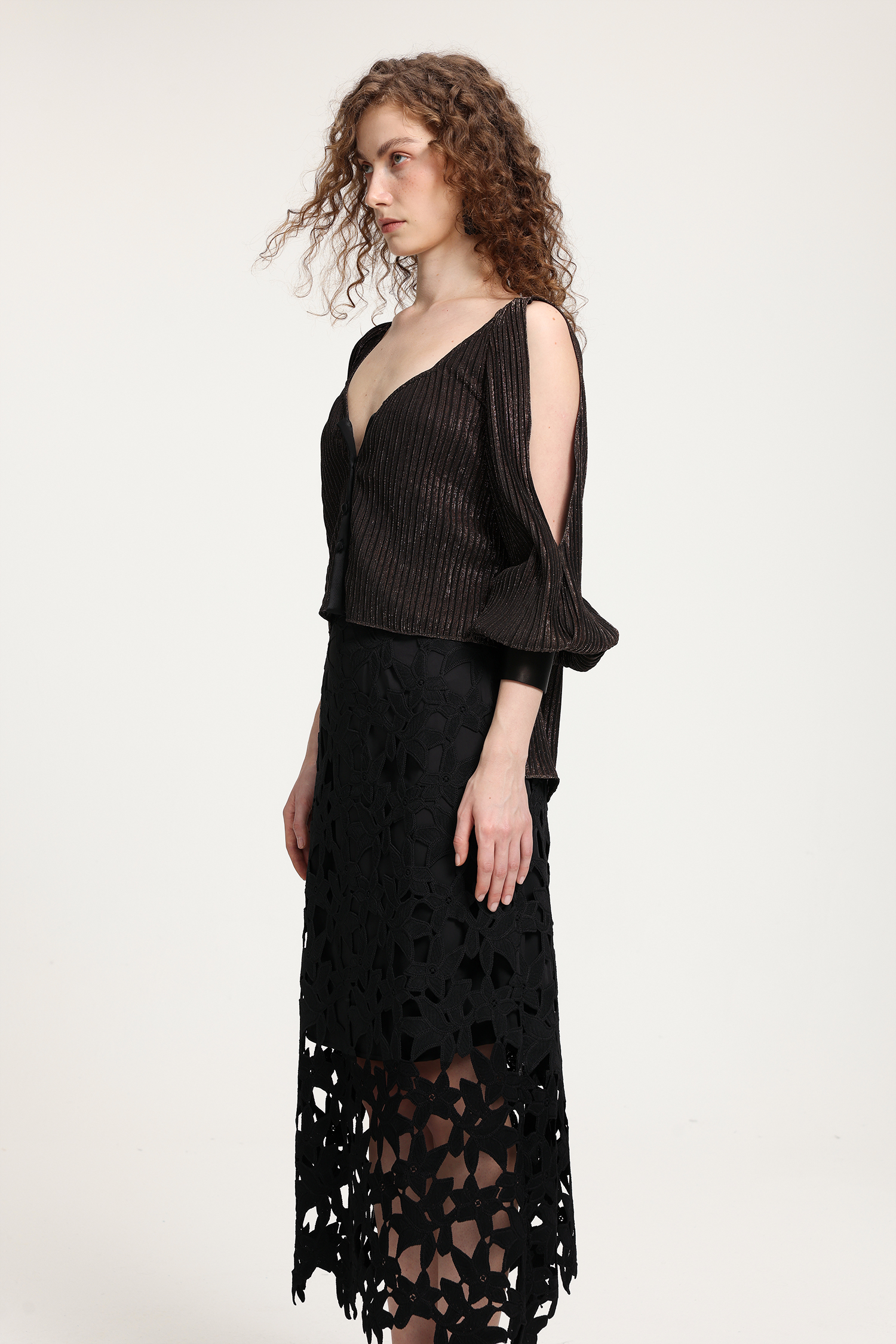 Black Lace Midi Skirt With Oversized Geometric Cutout Detailing