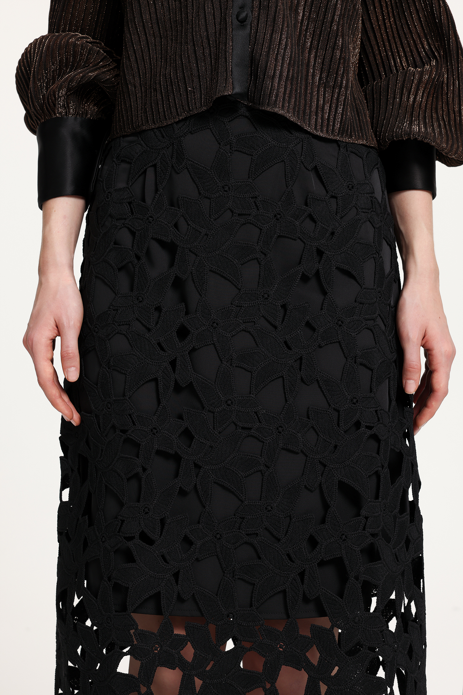 Black Lace Midi Skirt With Oversized Geometric Cutout Detailing