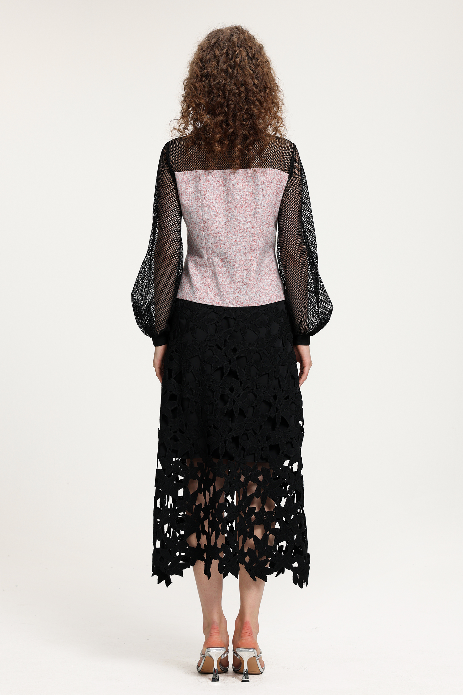 Black Sheer Mesh & Pink Fringe-Textured Top With Balloon Sleeves