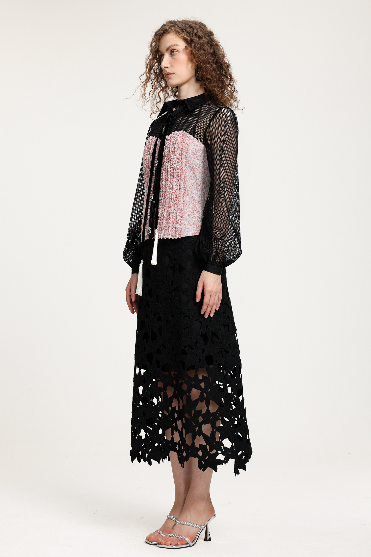 Black Sheer Mesh & Pink Fringe-Textured Top With Balloon Sleeves