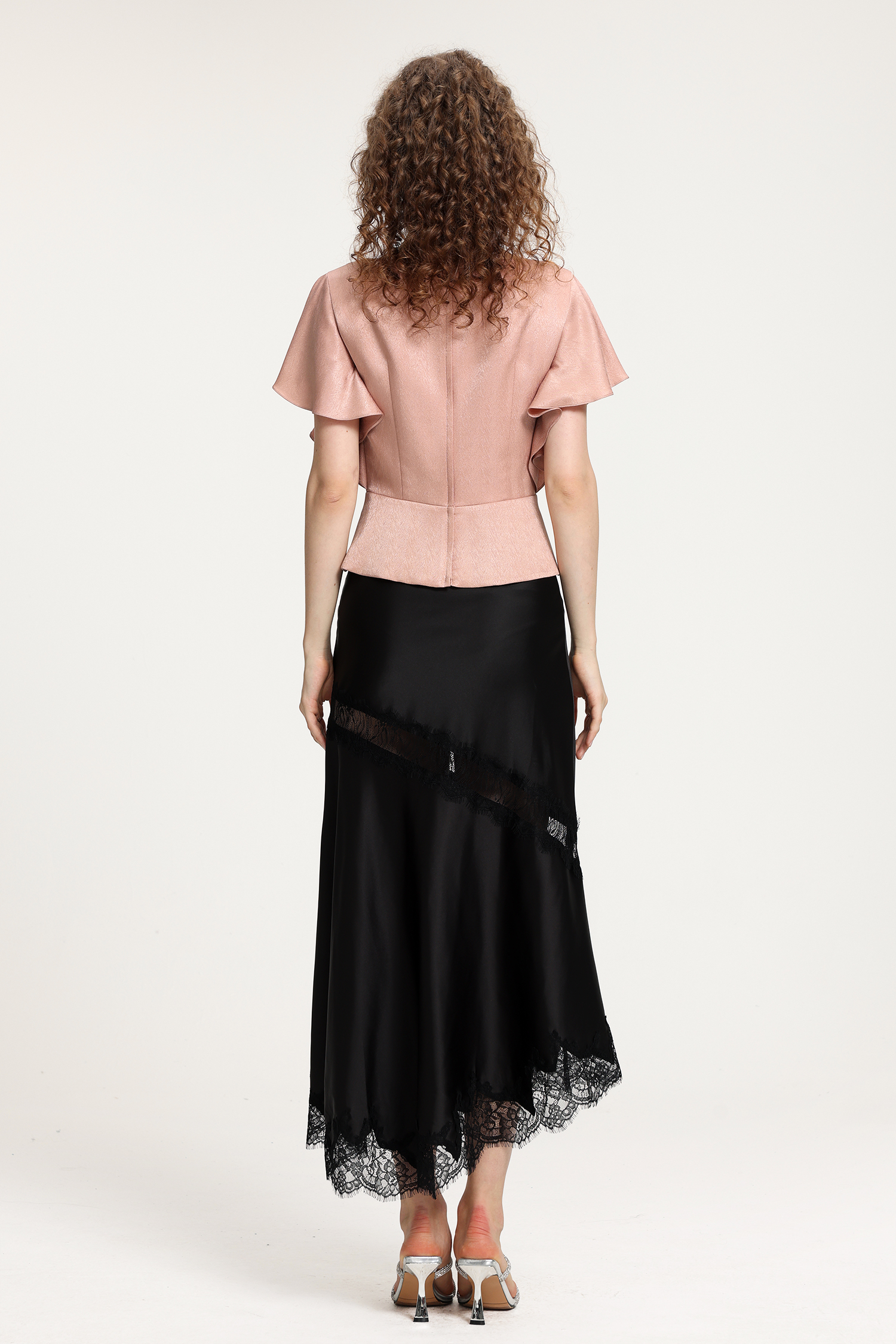 Black Satin Midi Skirt With Lace Panel And Side Slit Detail