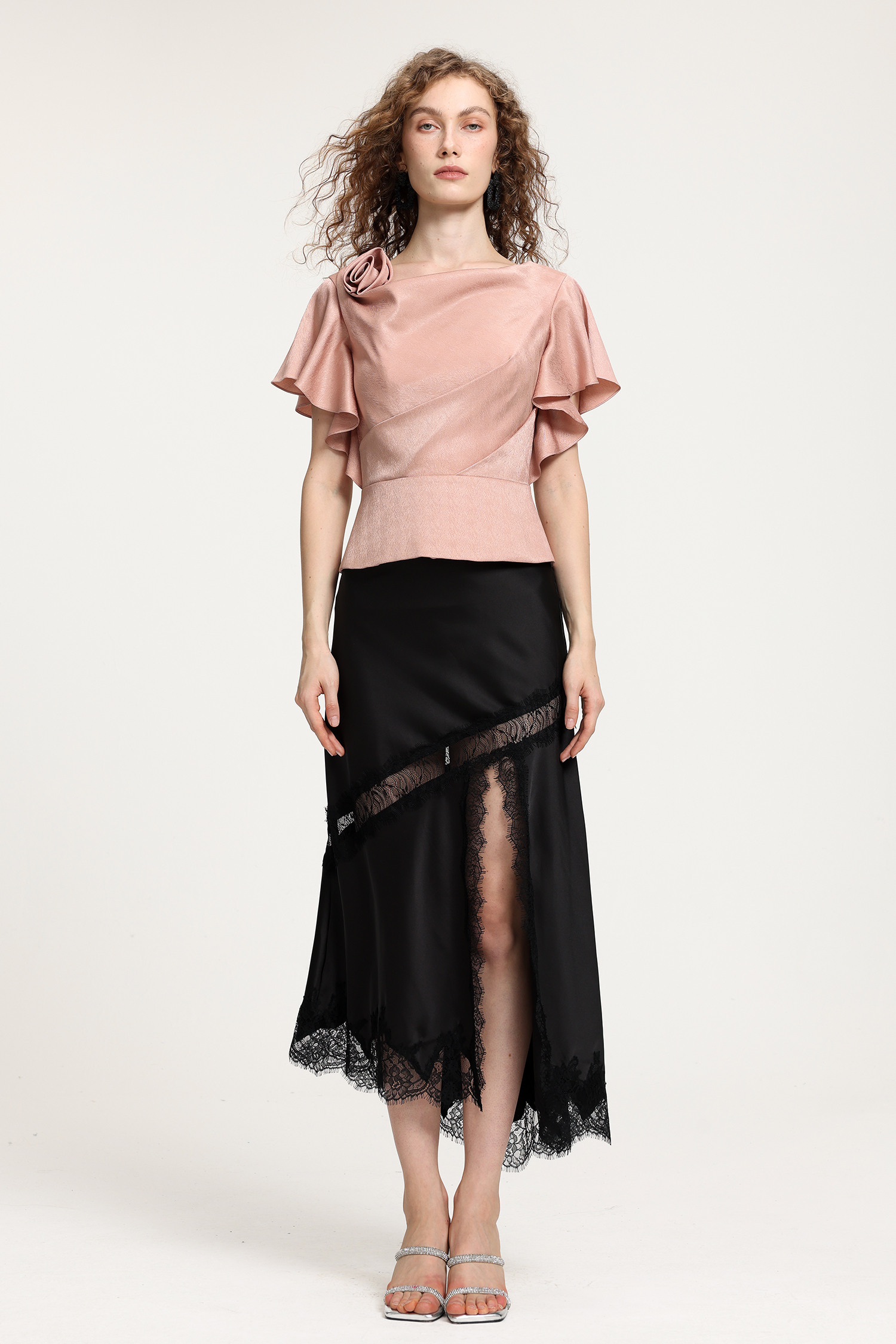 Black Satin Midi Skirt With Lace Panel And Side Slit Detail