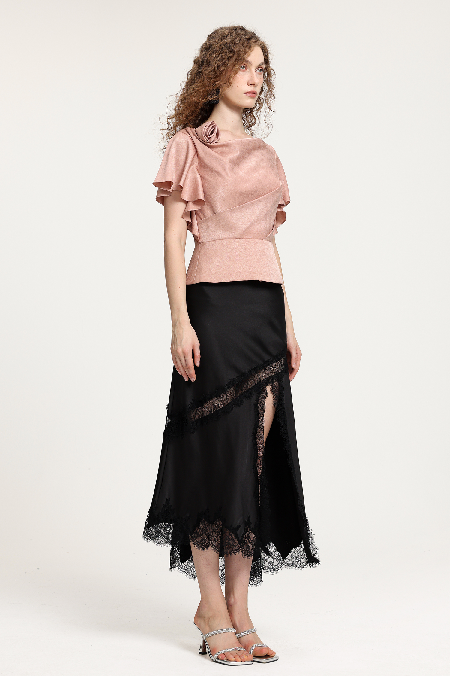 Black Satin Midi Skirt With Lace Panel And Side Slit Detail