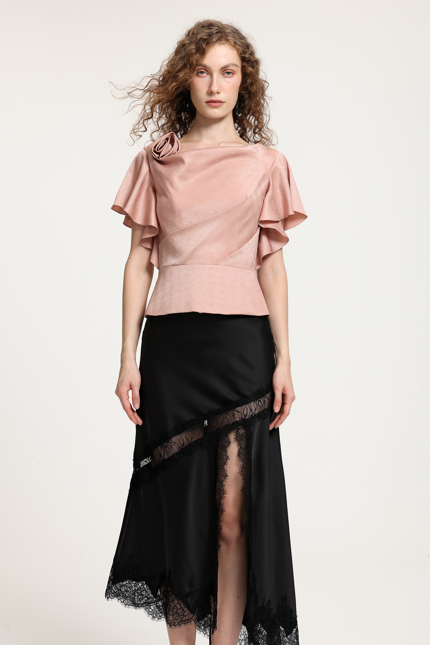 Black Satin Midi Skirt With Lace Panel And Side Slit Detail