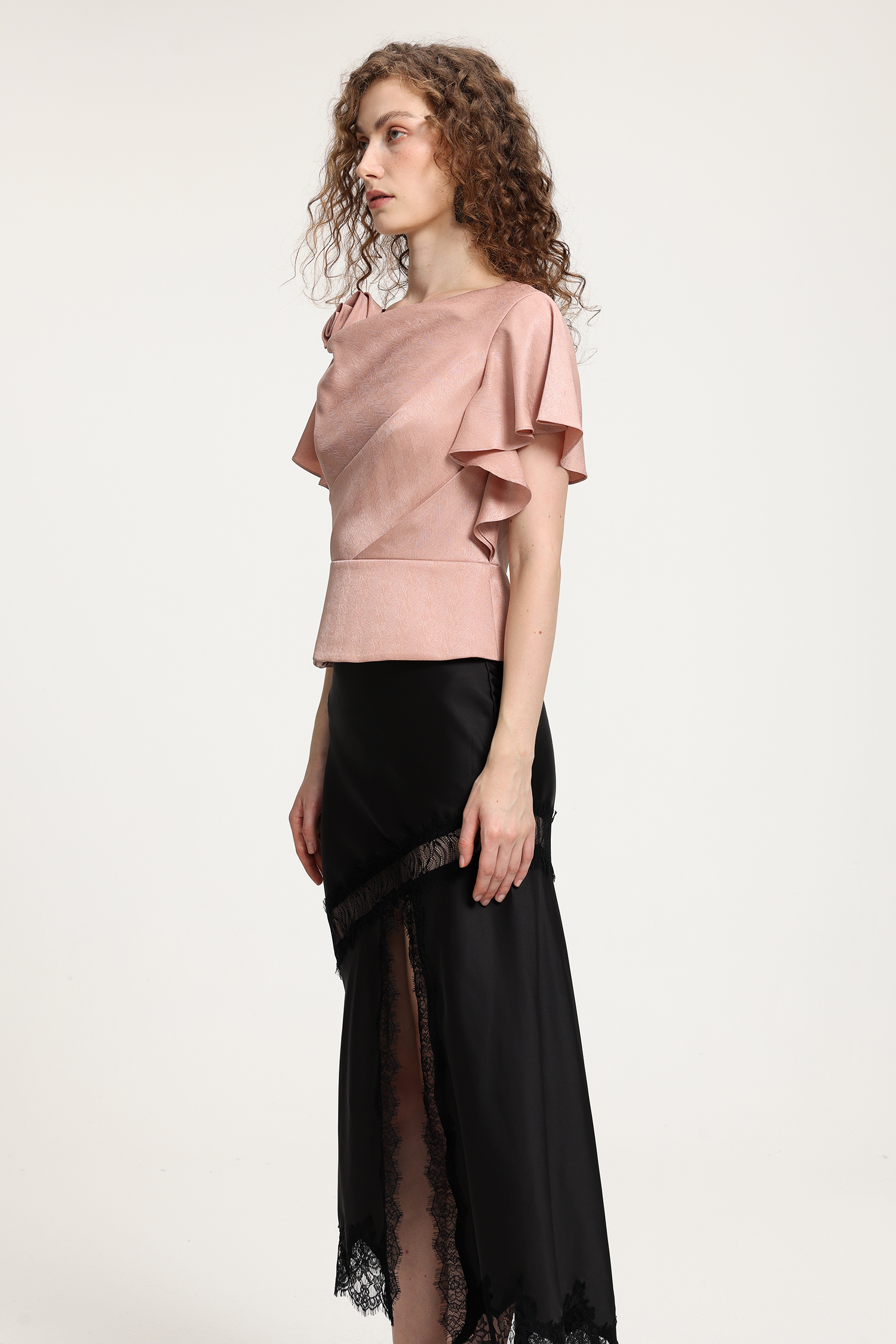 Black Satin Midi Skirt With Lace Panel And Side Slit Detail