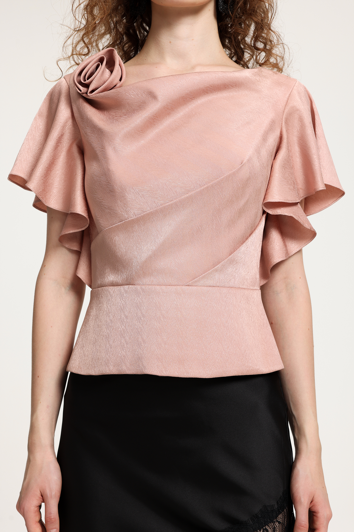 Light Pink Satin Asymmetric Top With Ruffled Sleeves & Hand-Made 3D Floral Appliqué