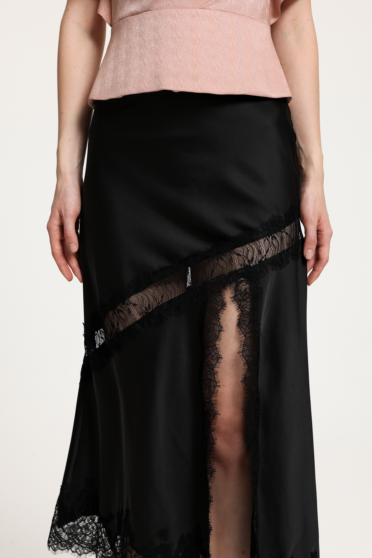 Black Satin Midi Skirt With Lace Panel And Side Slit Detail