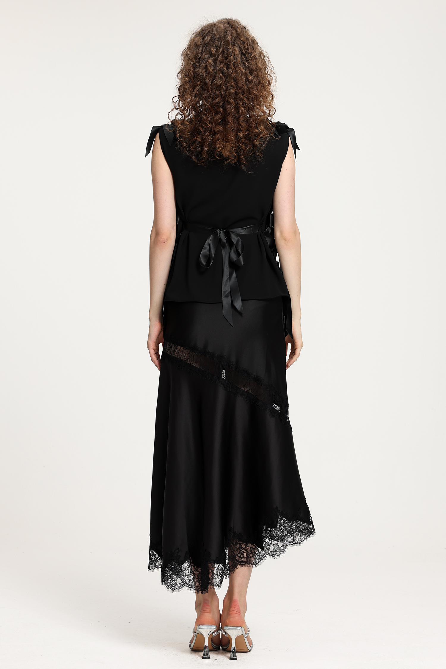 Black Satin Top With 3D Ribbon Fringe Textural Detailing