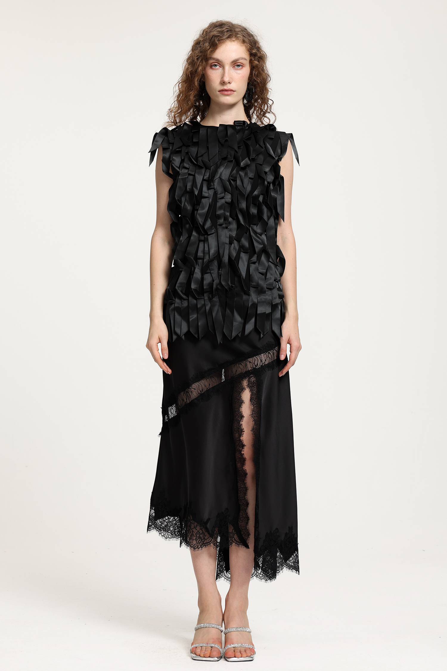 Black Satin Top With 3D Ribbon Fringe Textural Detailing