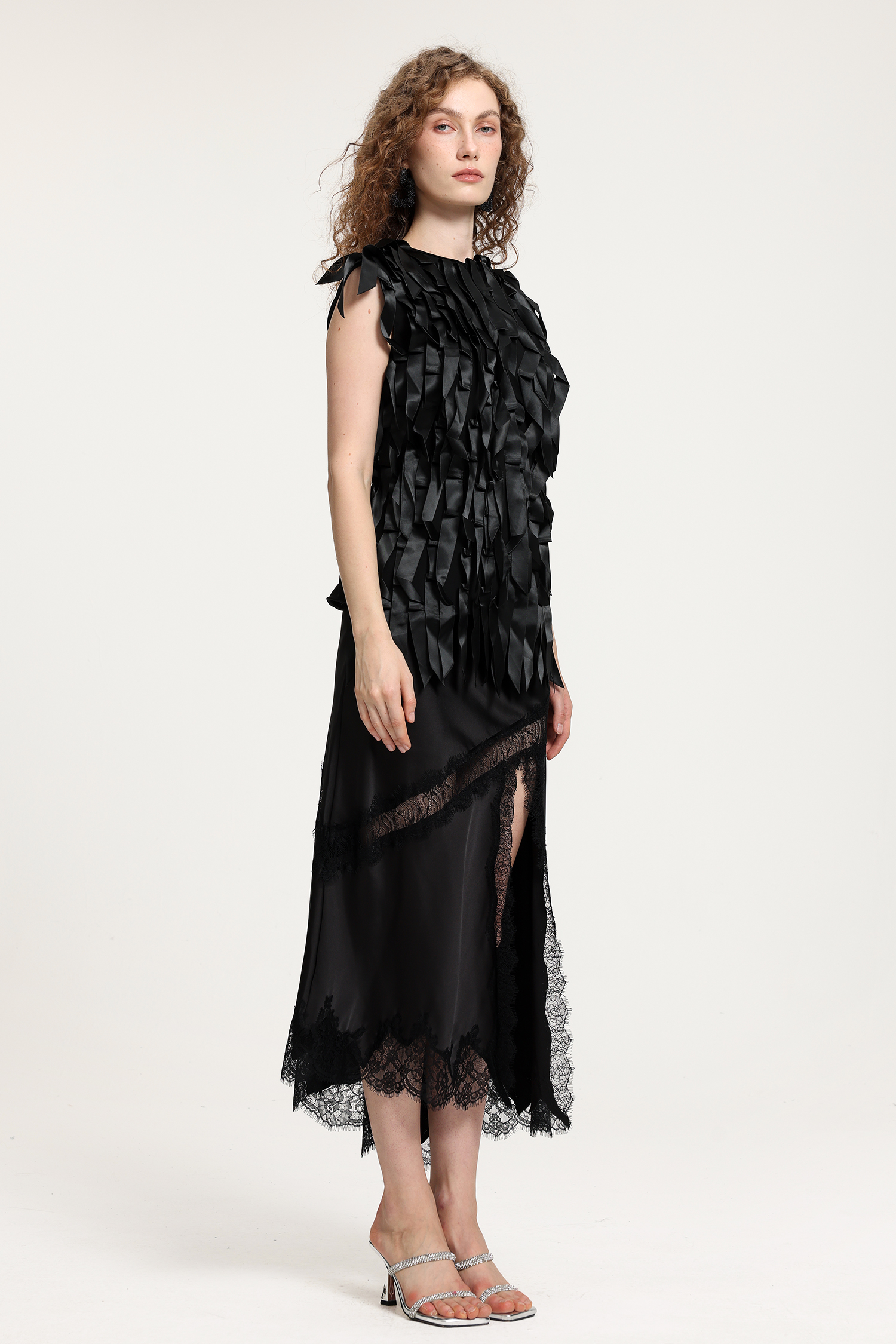 Black Satin Top With 3D Ribbon Fringe Textural Detailing