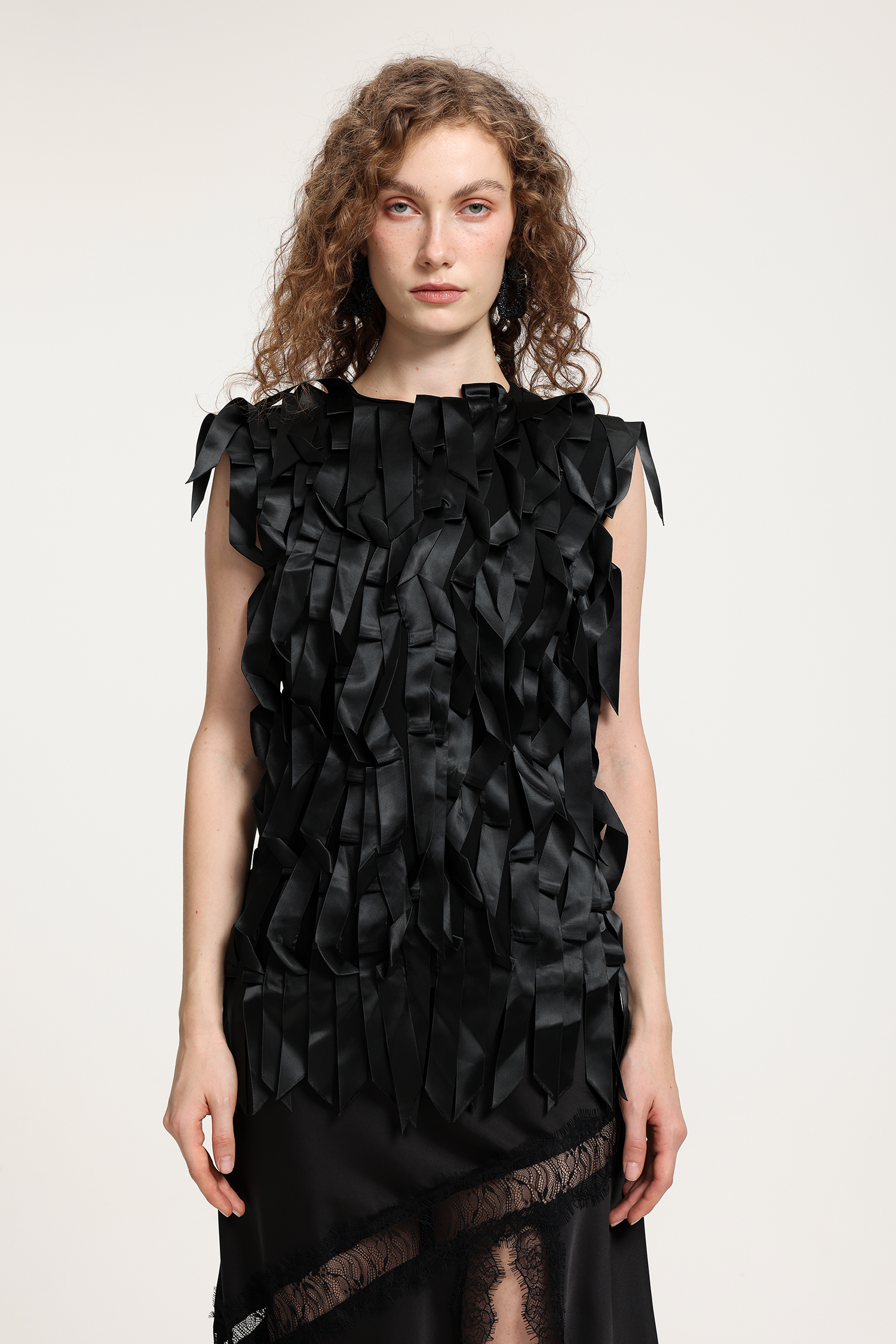 Black Satin Top With 3D Ribbon Fringe Textural Detailing