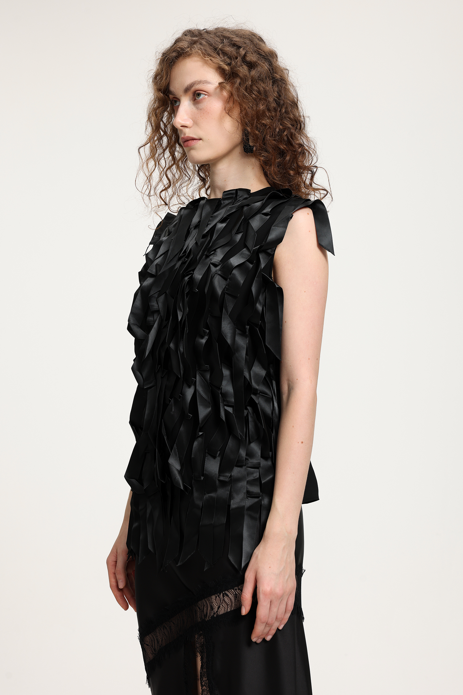 Black Satin Top With 3D Ribbon Fringe Textural Detailing