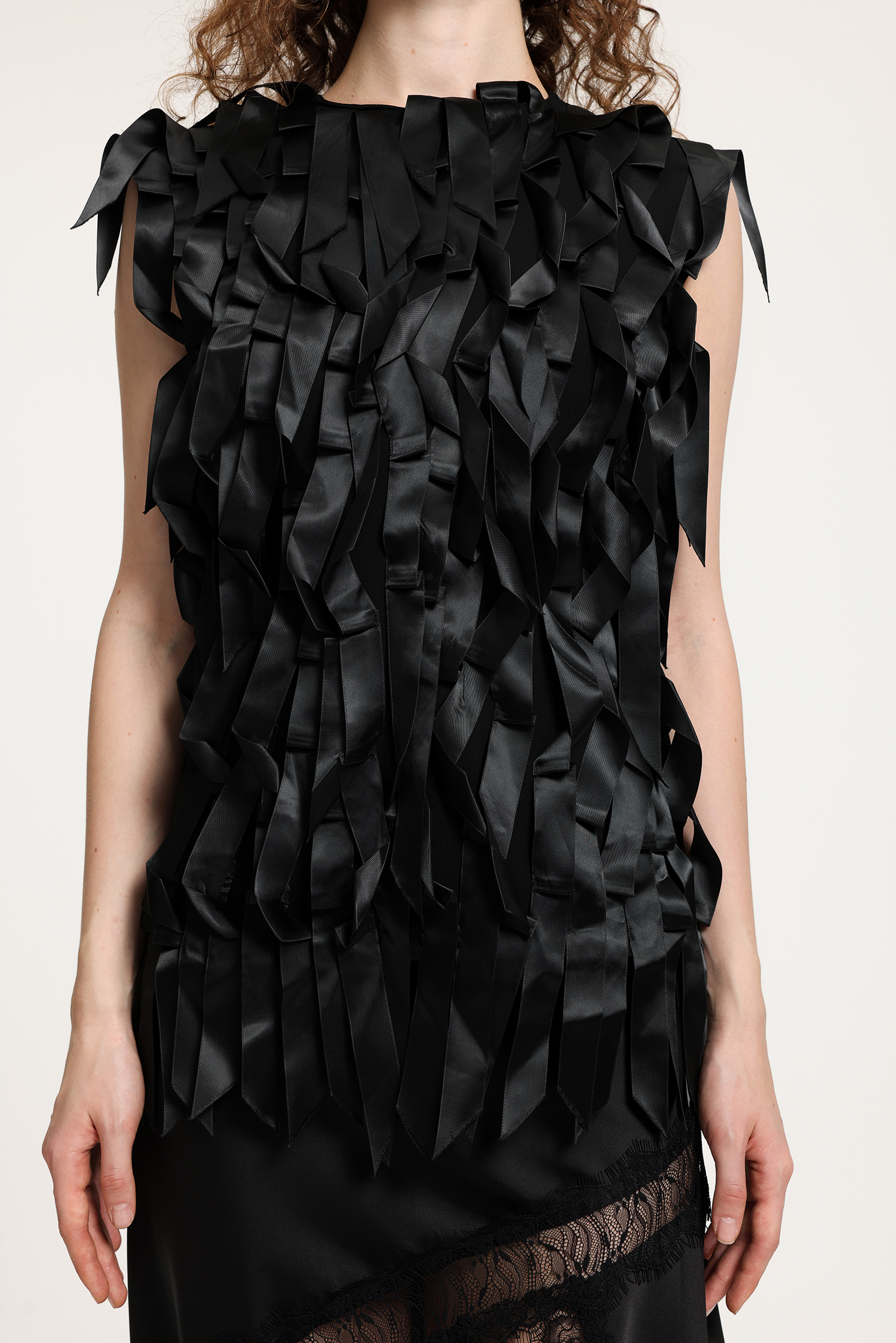 Black Satin Top With 3D Ribbon Fringe Textural Detailing