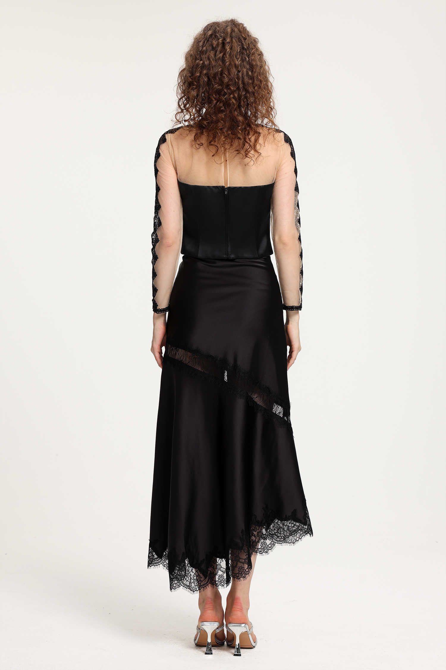 Black Satin & Nude Sheer Mesh Top With Lace-Sleeved