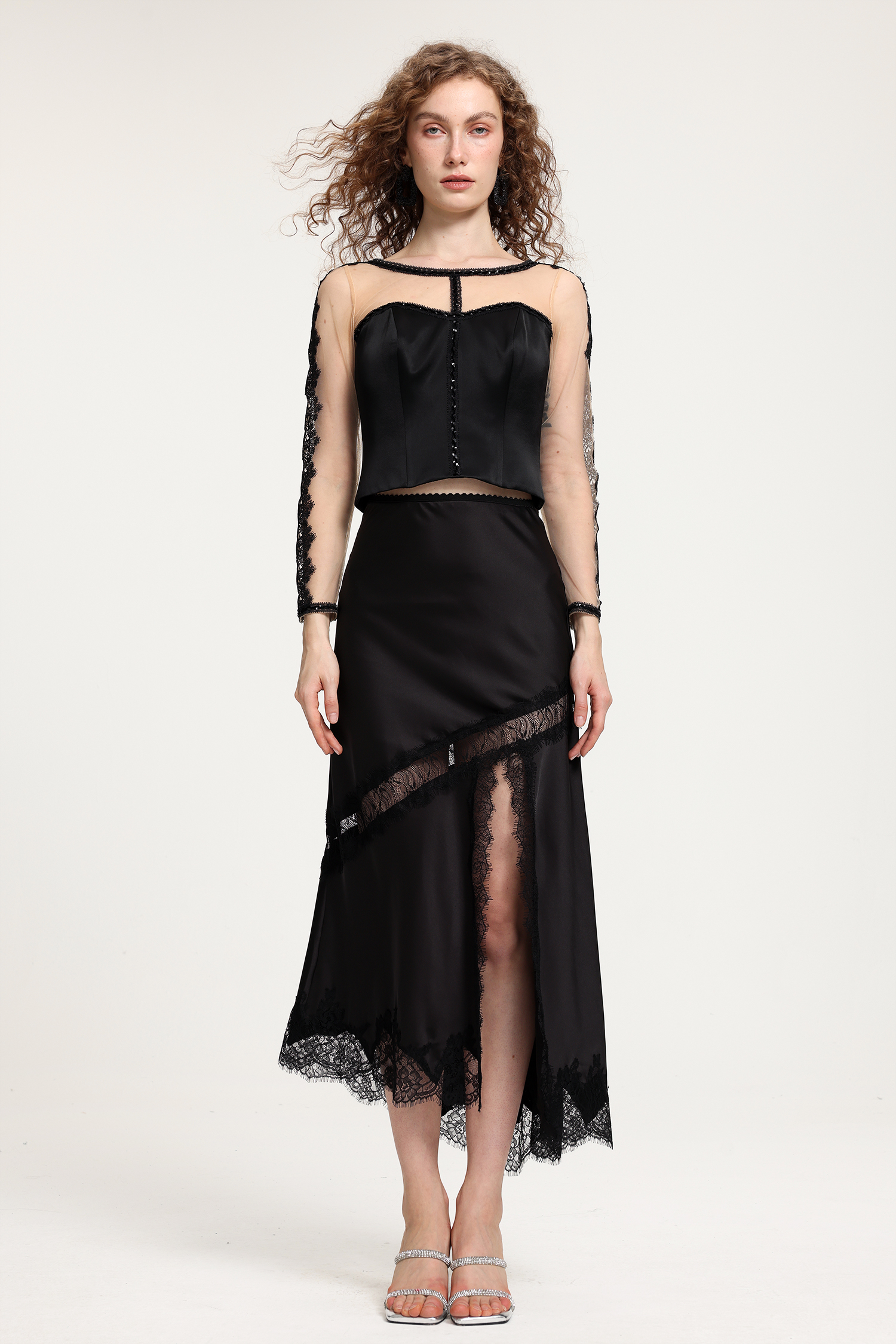 Black Satin & Nude Sheer Mesh Top With Lace-Sleeved