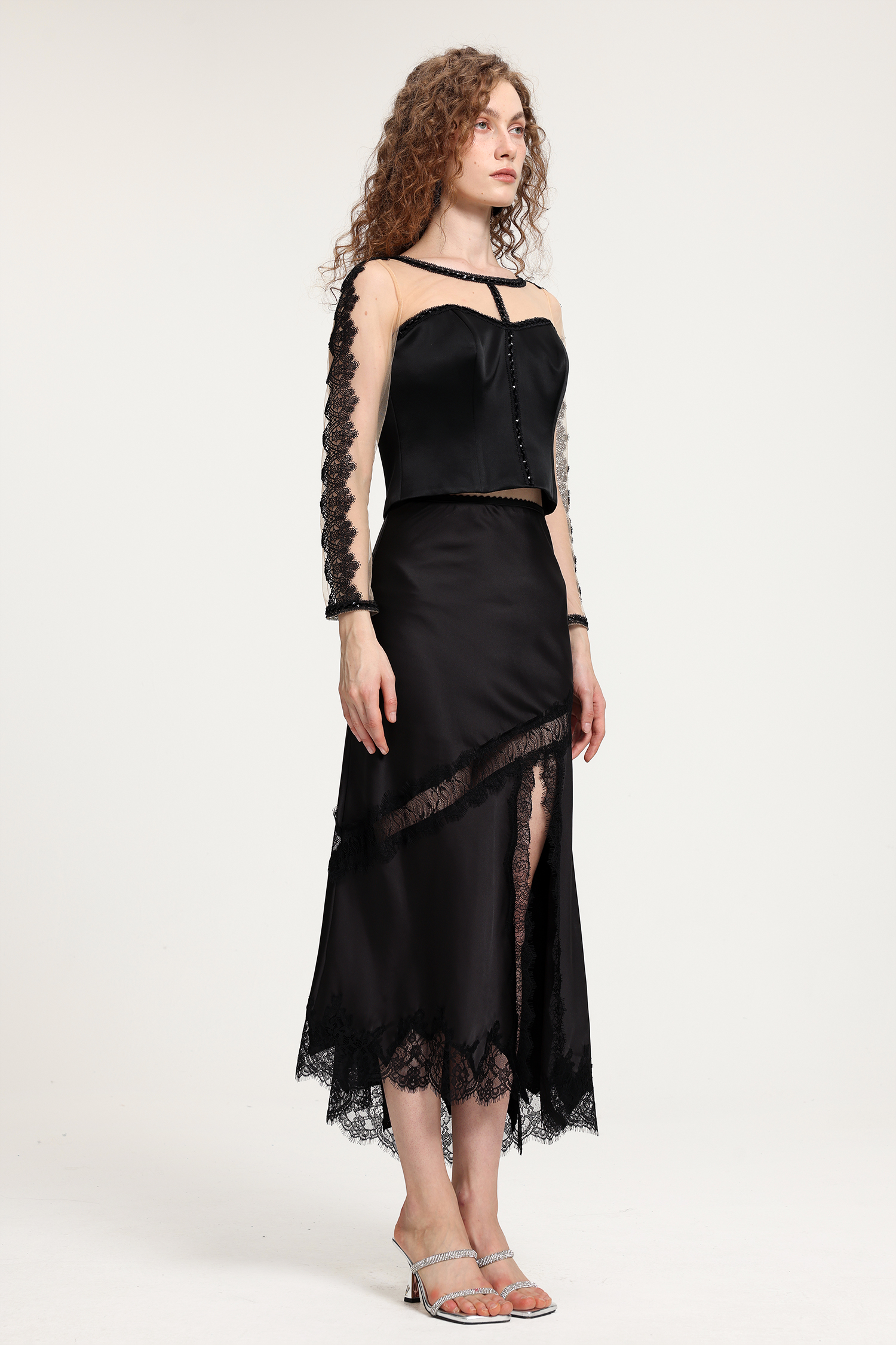 Black Satin & Nude Sheer Mesh Top With Lace-Sleeved