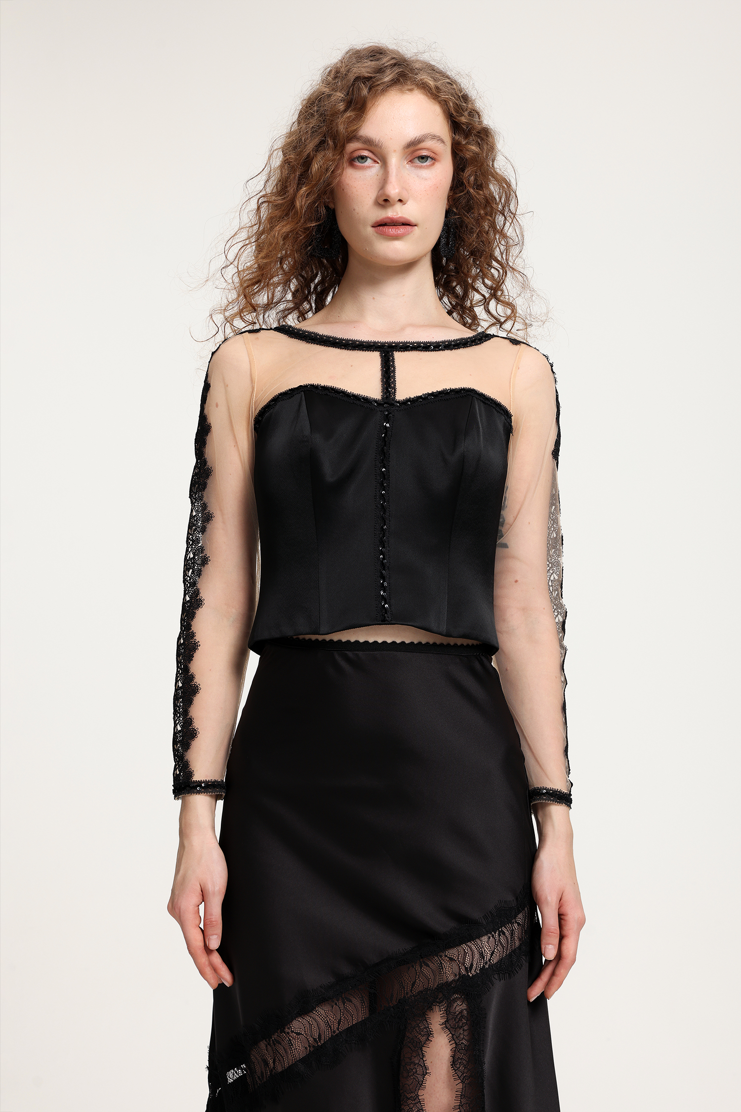 Black Satin & Nude Sheer Mesh Top With Lace-Sleeved