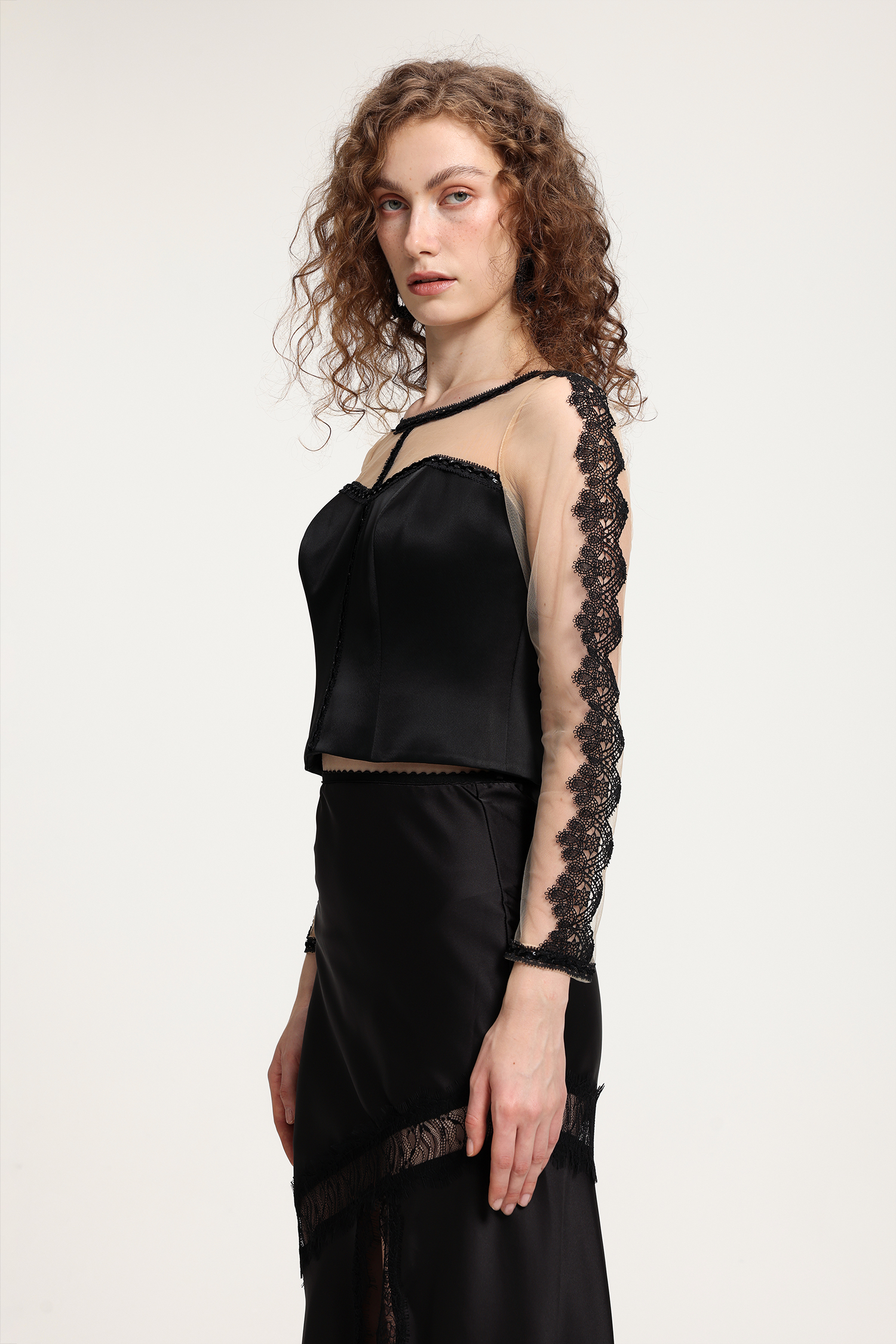 Black Satin & Nude Sheer Mesh Top With Lace-Sleeved