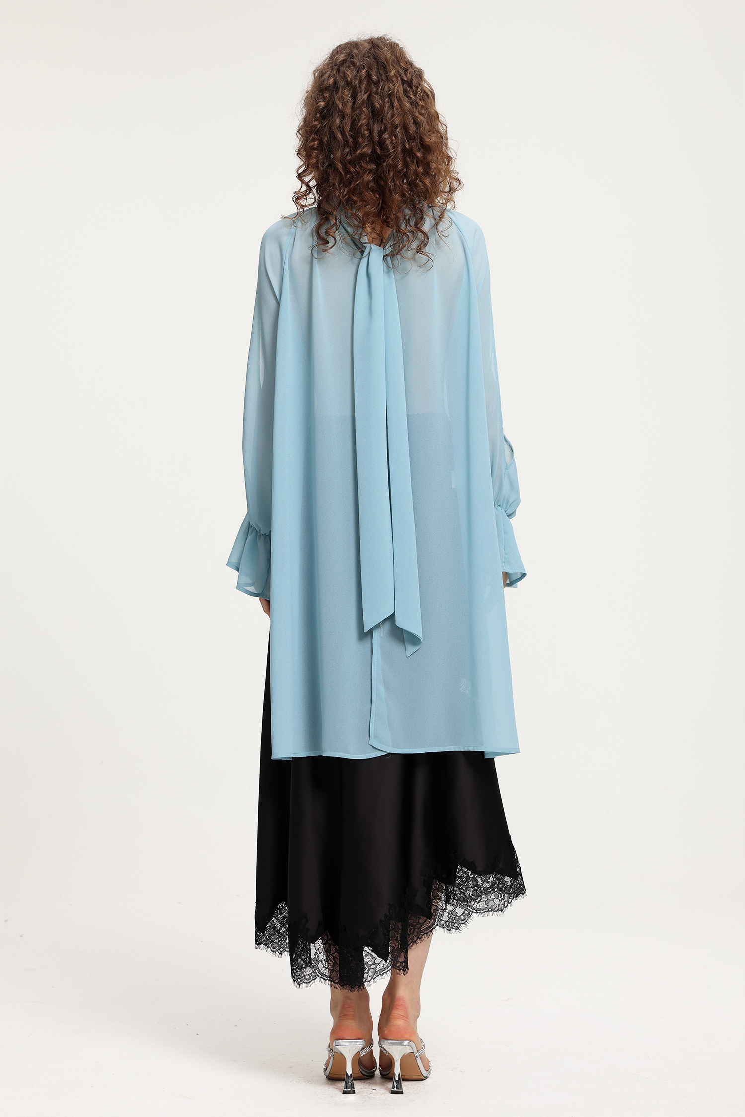 Light Blue Sheer Chiffon Cold-Shoulder Top With Balloon Sleeves & Asymmetric Draped Detailing