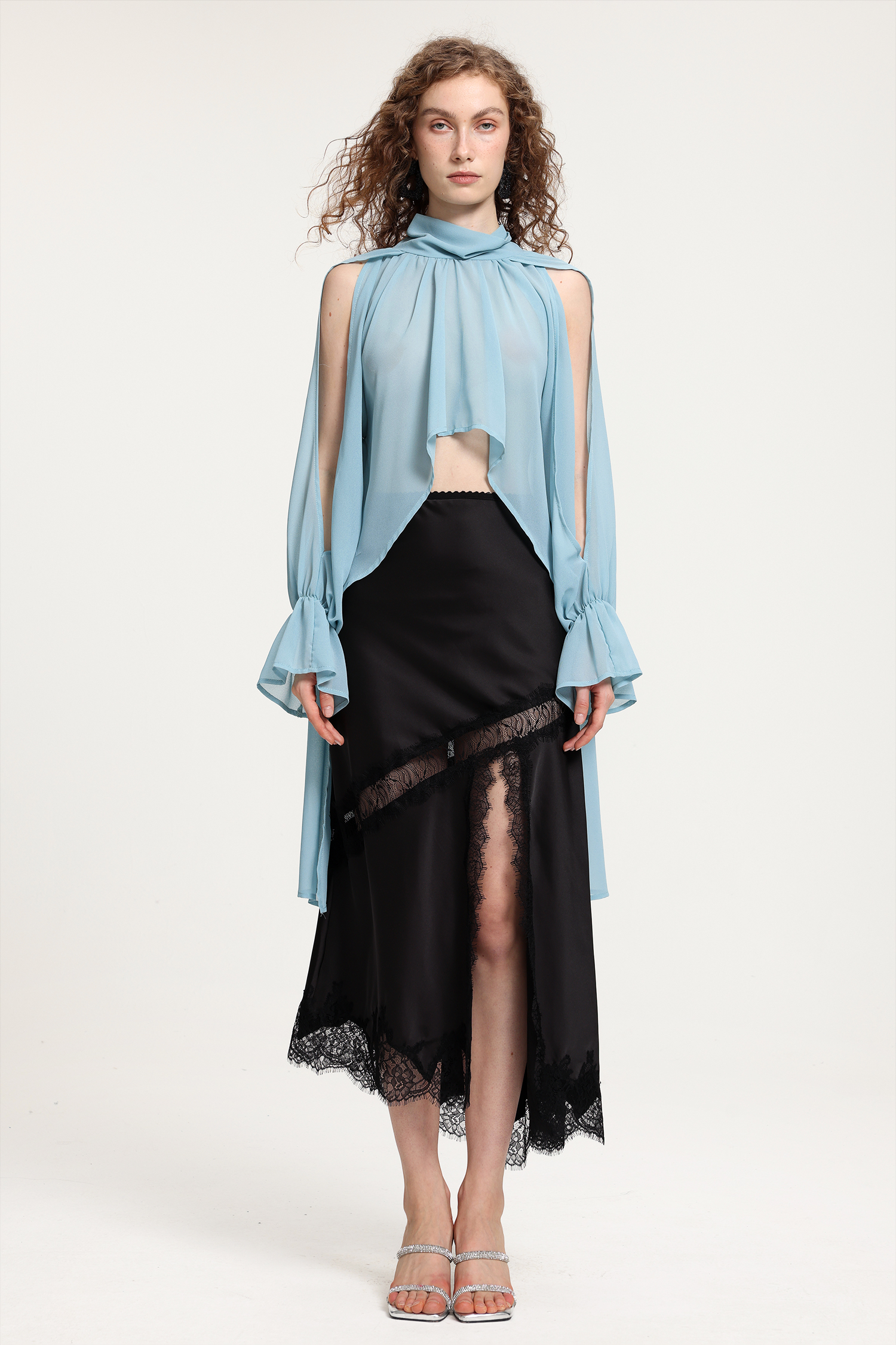 Light Blue Sheer Chiffon Cold-Shoulder Top With Balloon Sleeves & Asymmetric Draped Detailing