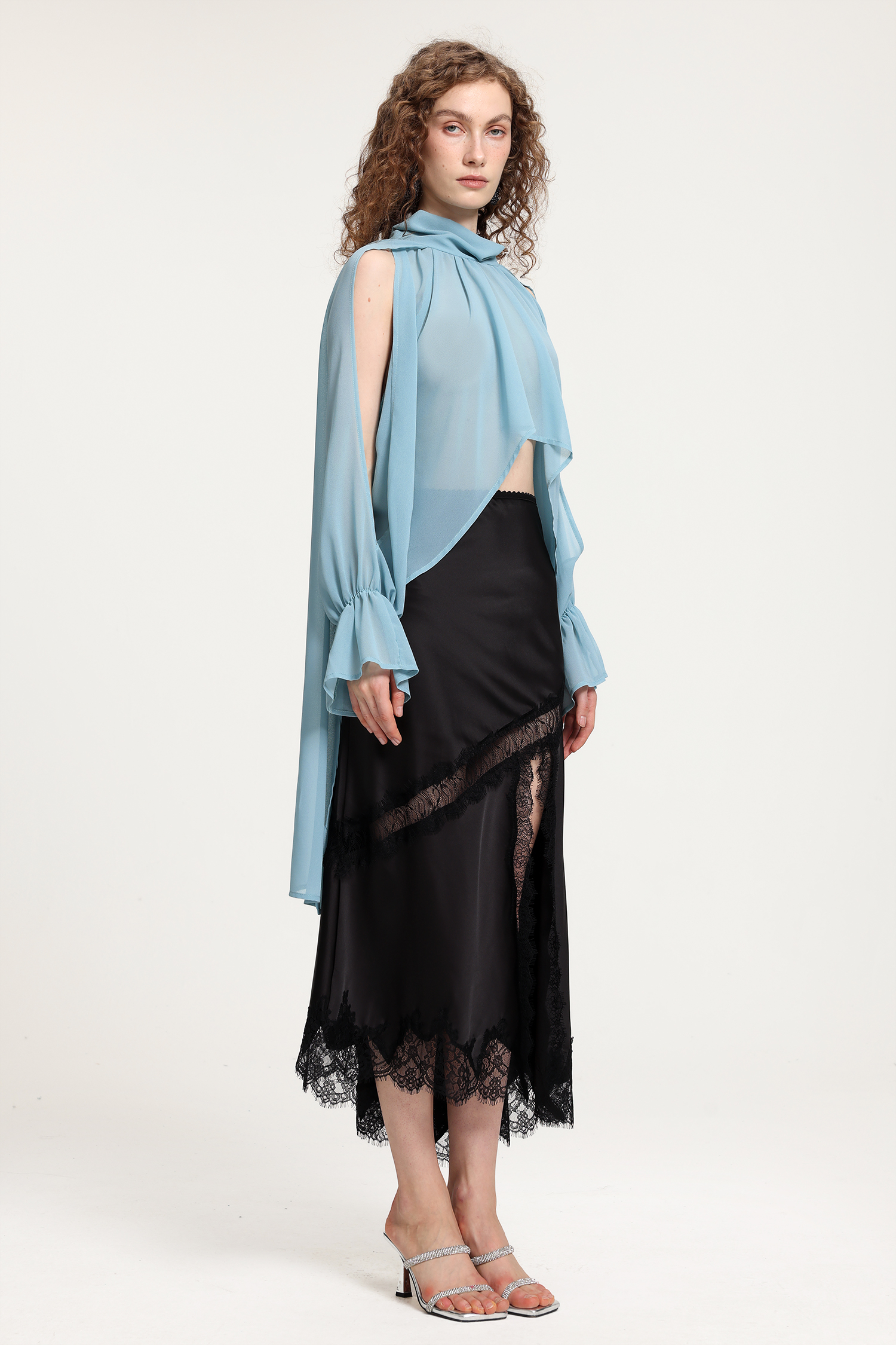 Light Blue Sheer Chiffon Cold-Shoulder Top With Balloon Sleeves & Asymmetric Draped Detailing