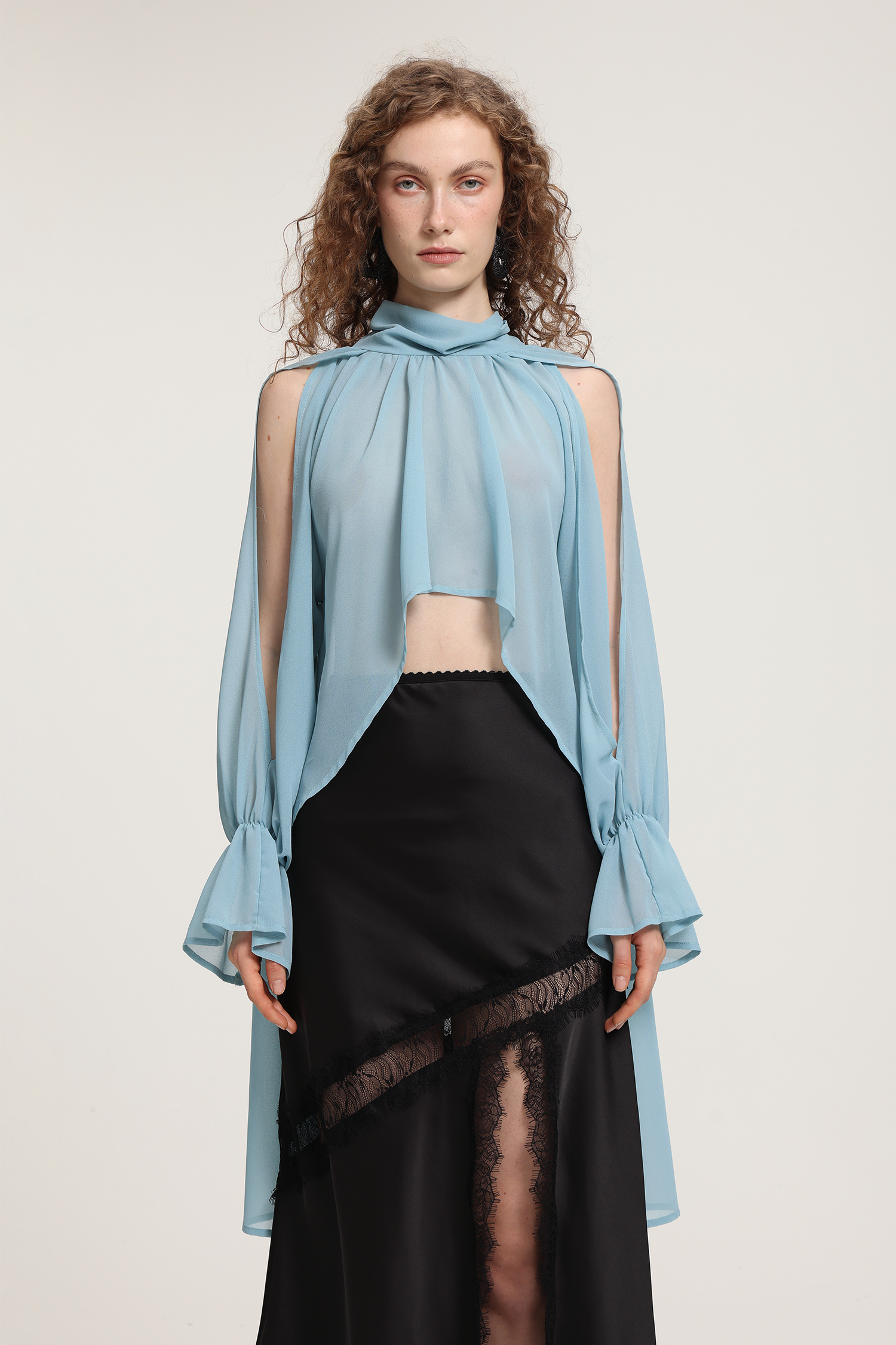 Light Blue Sheer Chiffon Cold-Shoulder Top With Balloon Sleeves & Asymmetric Draped Detailing