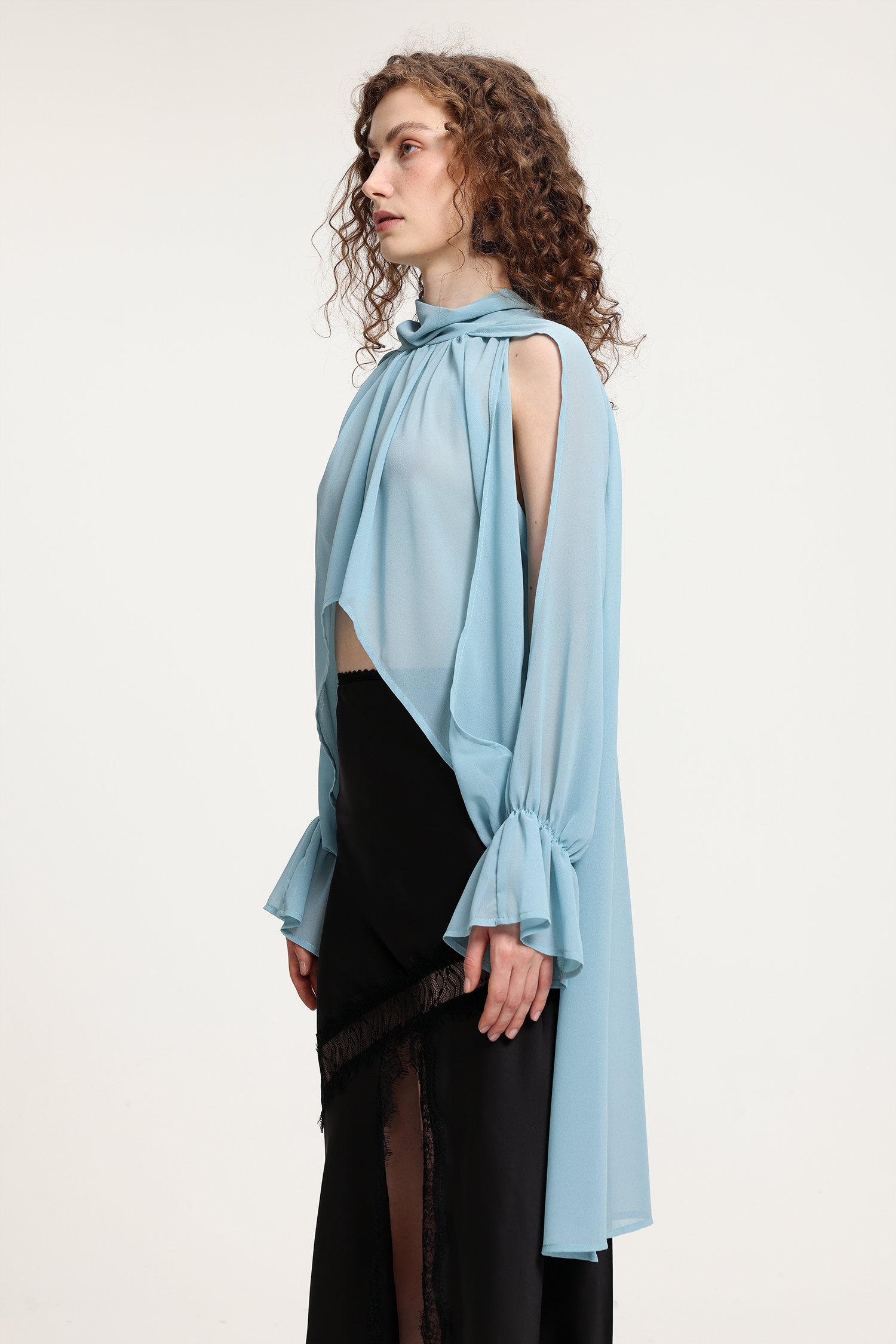 Light Blue Sheer Chiffon Cold-Shoulder Top With Balloon Sleeves & Asymmetric Draped Detailing