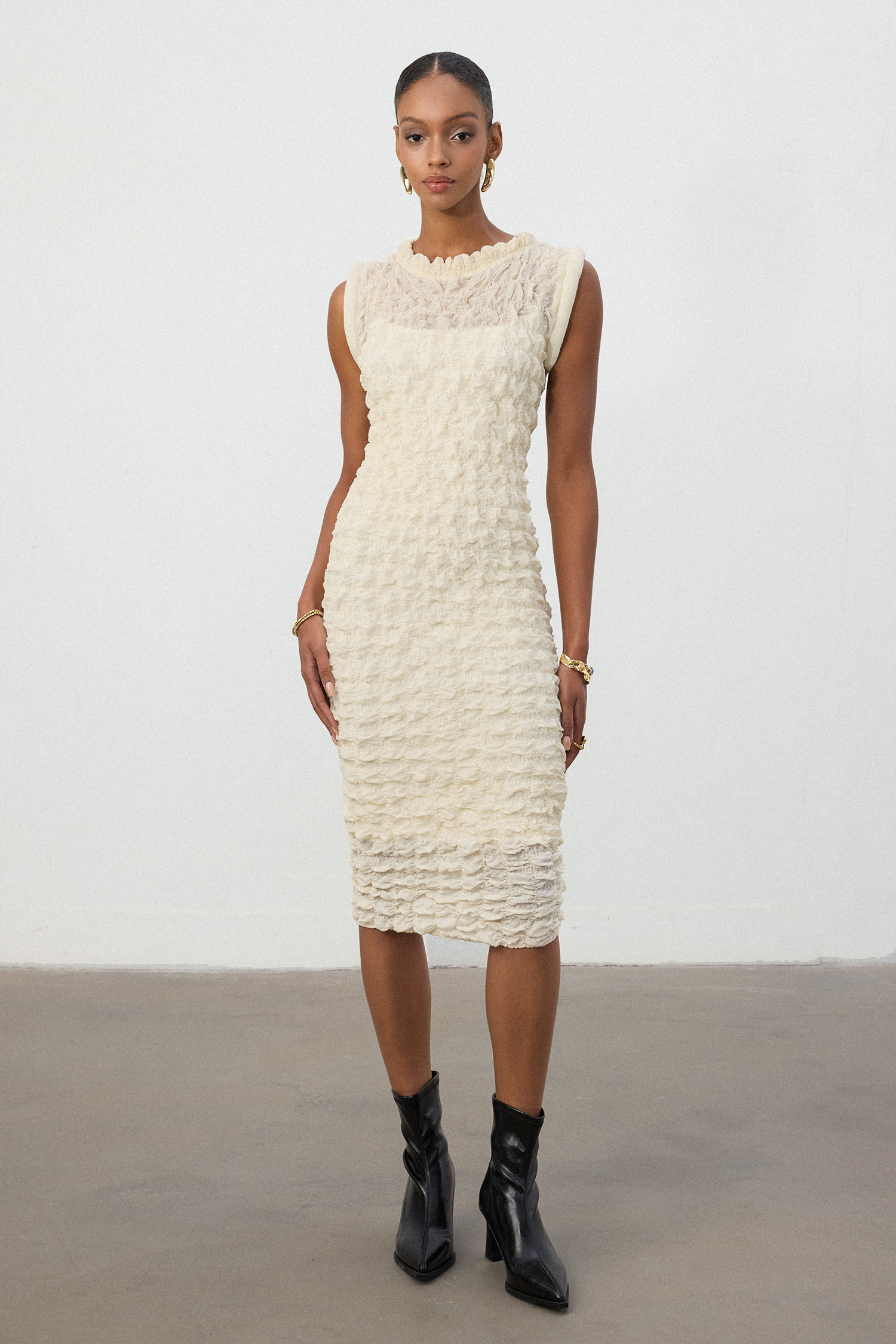Cream Ruffle  Midi Dress