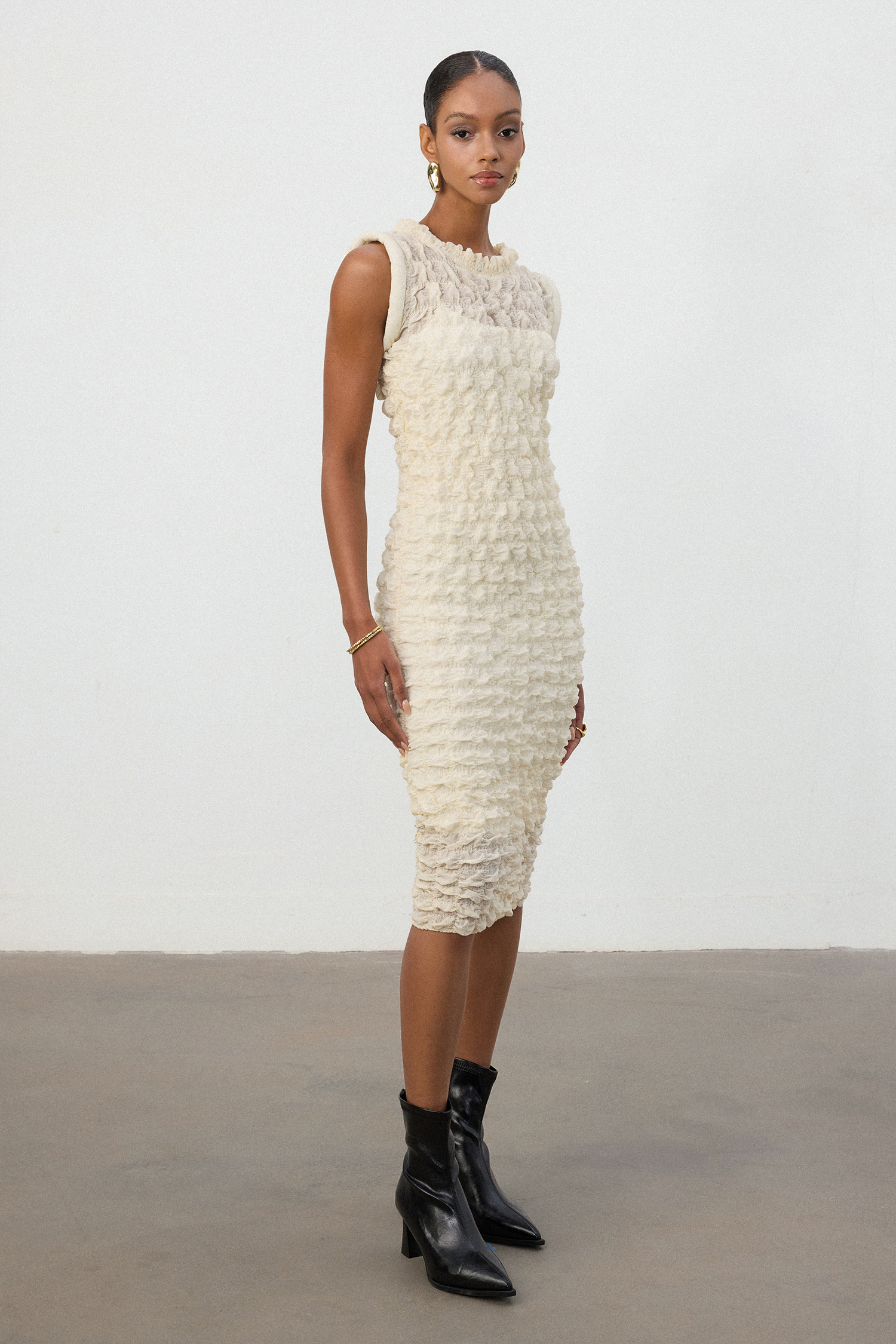 Cream Ruffle  Midi Dress