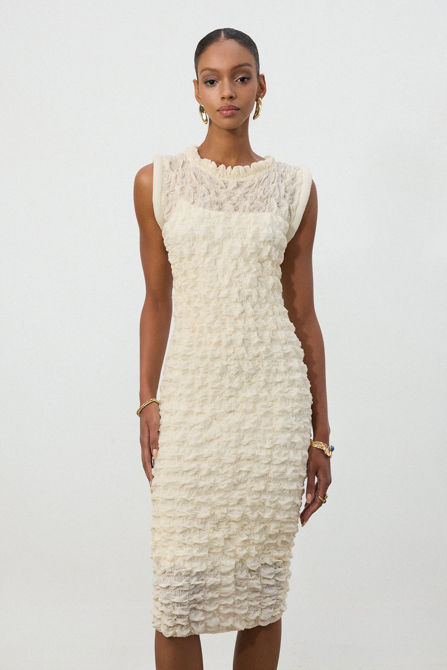 Cream Ruffle  Midi Dress