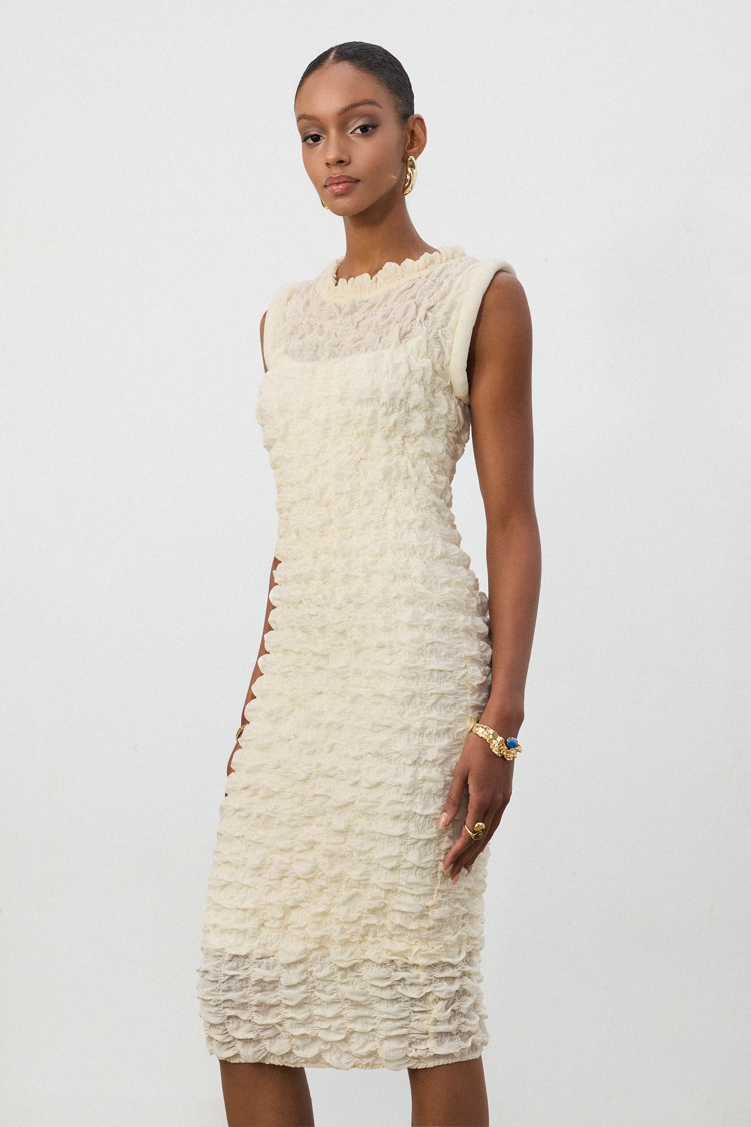 Cream Ruffle  Midi Dress