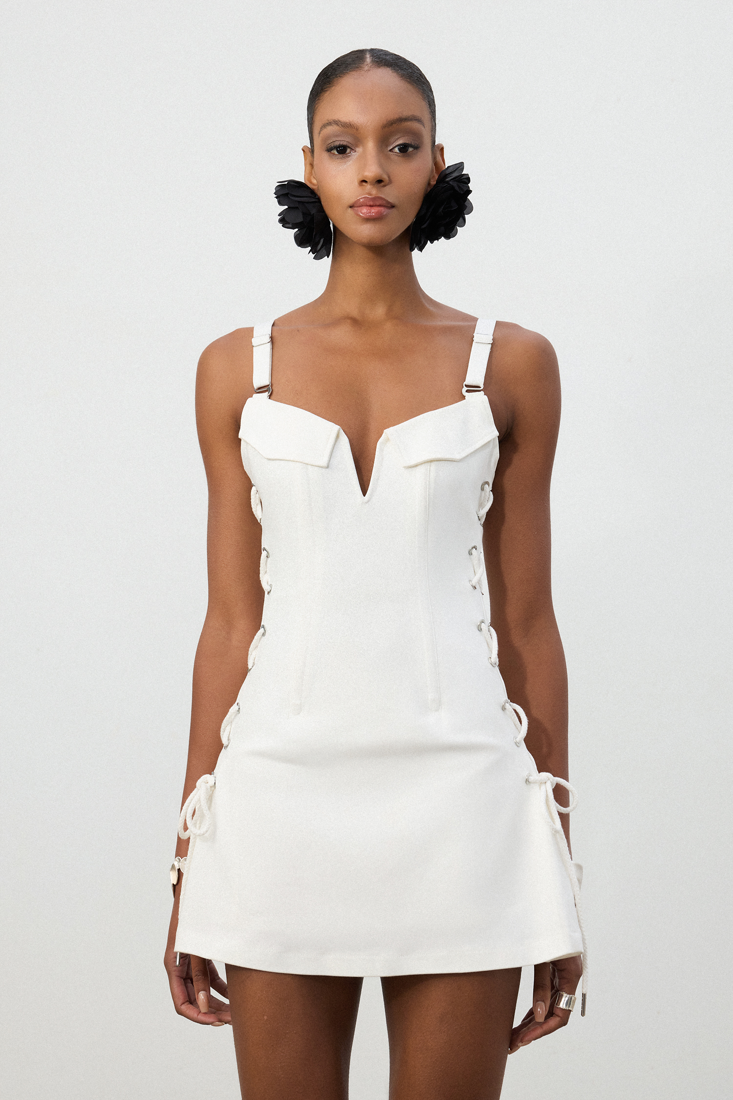 White Lace-Up Side Sweetheart Mini Dress