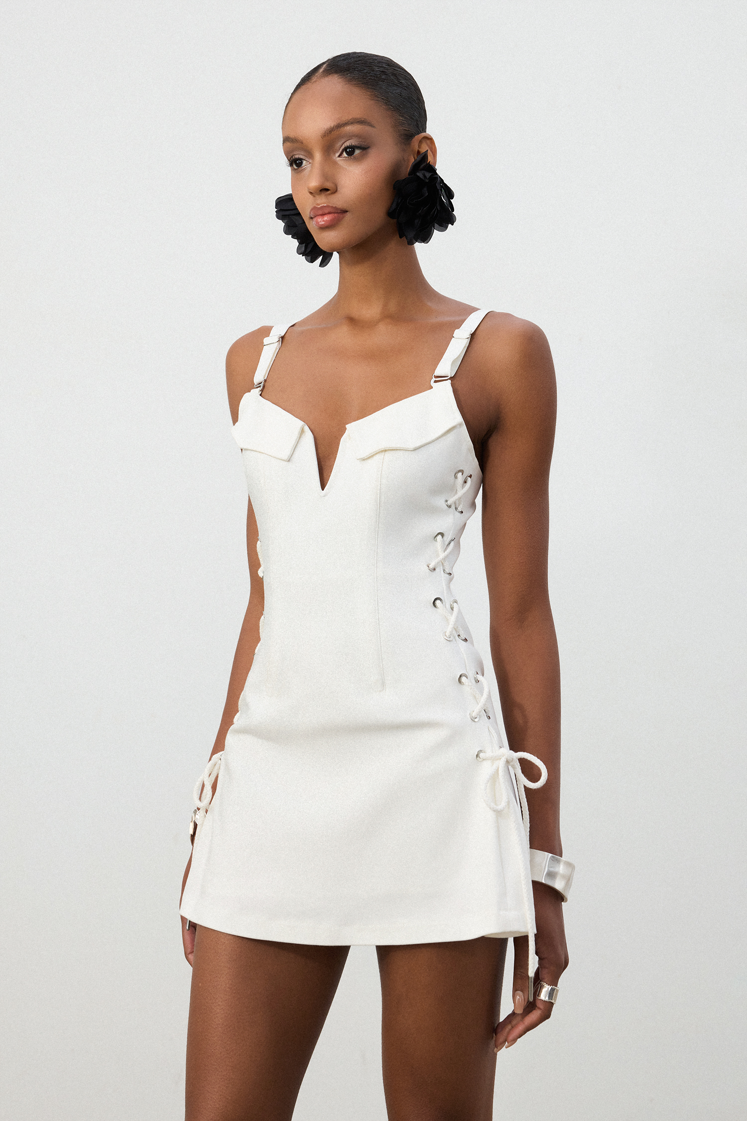 White Lace-Up Side Sweetheart Mini Dress