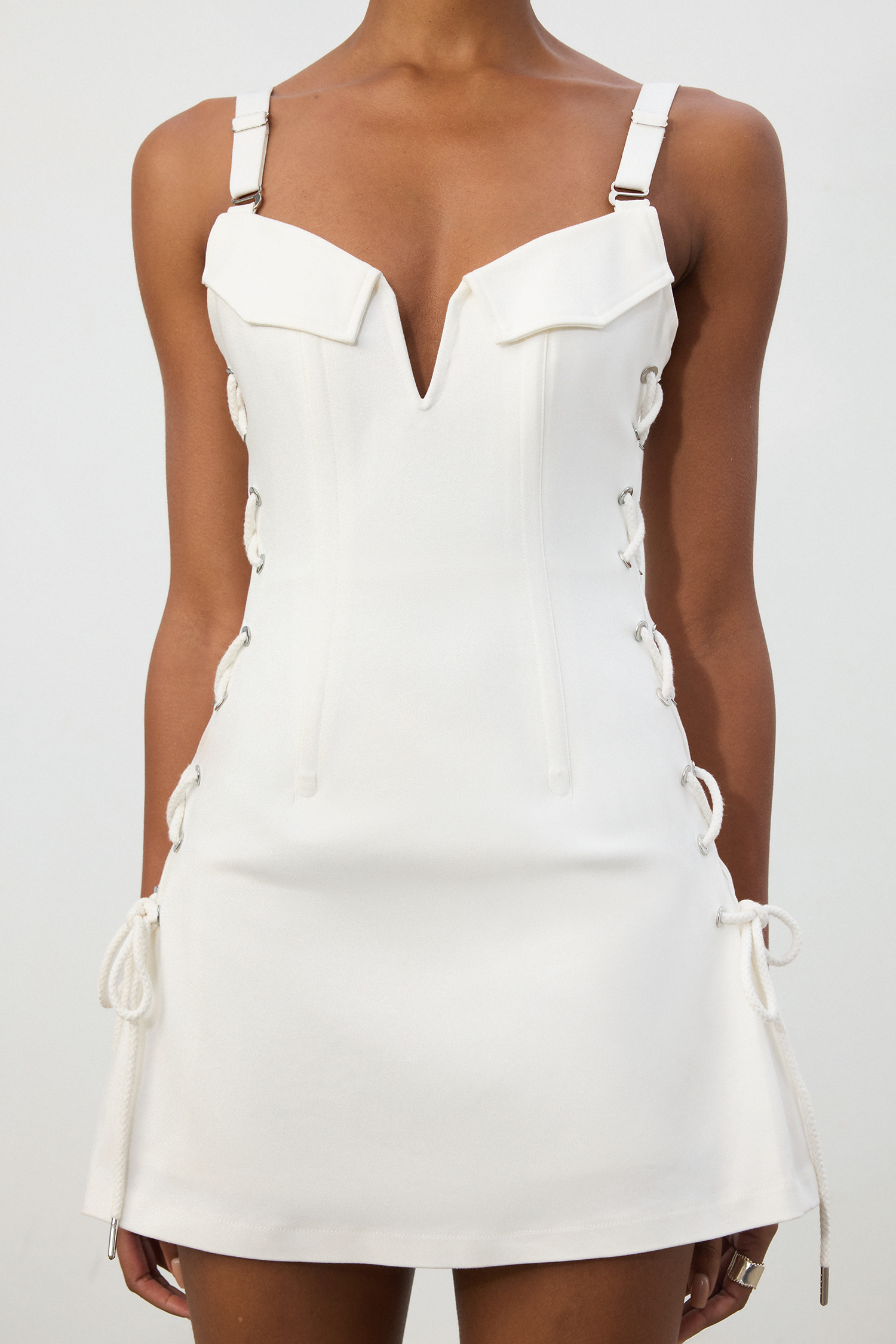 White Lace-Up Side Sweetheart Mini Dress