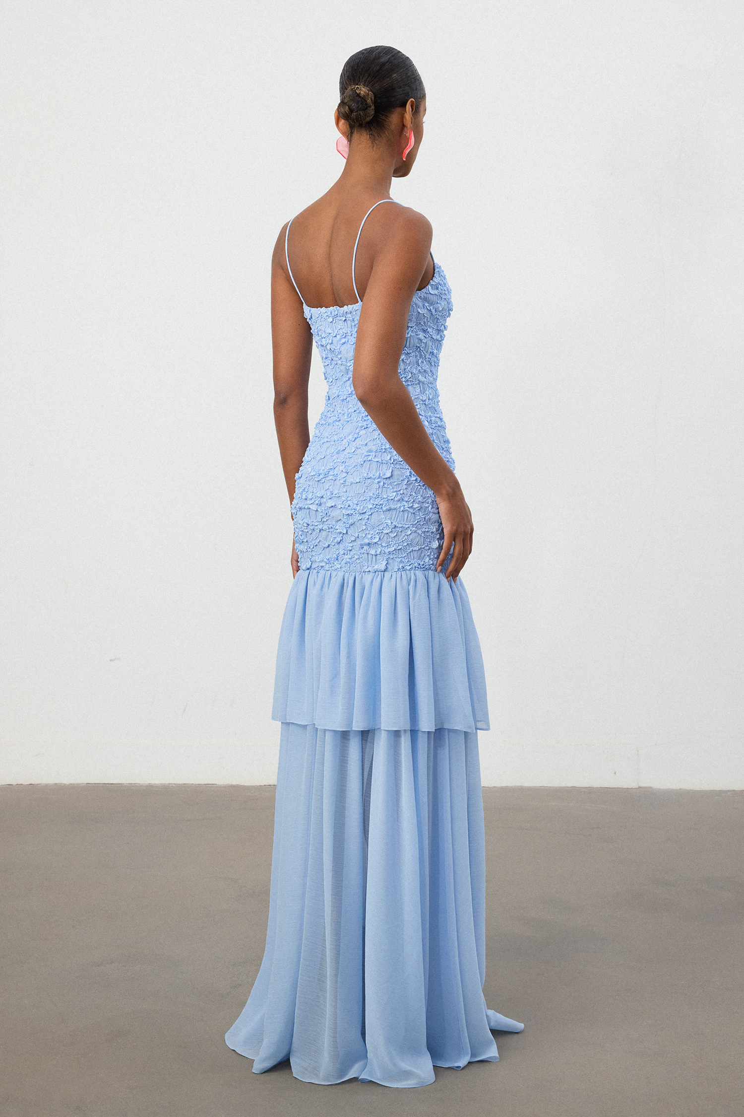Sky Blue Textured Bodice Tiered Chiffon Maxi Dress