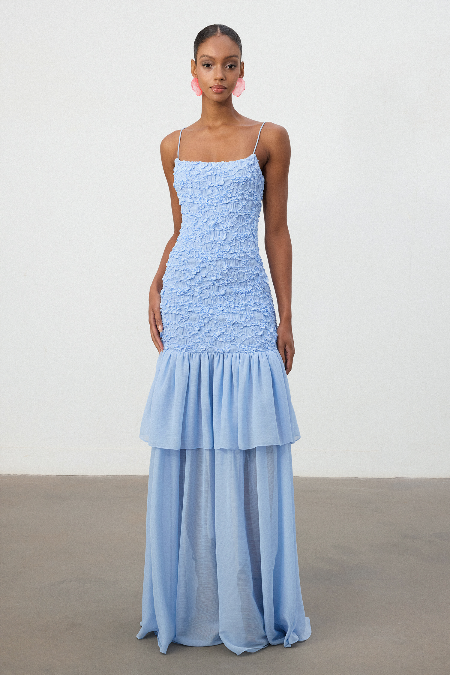 Sky Blue Textured Bodice Tiered Chiffon Maxi Dress