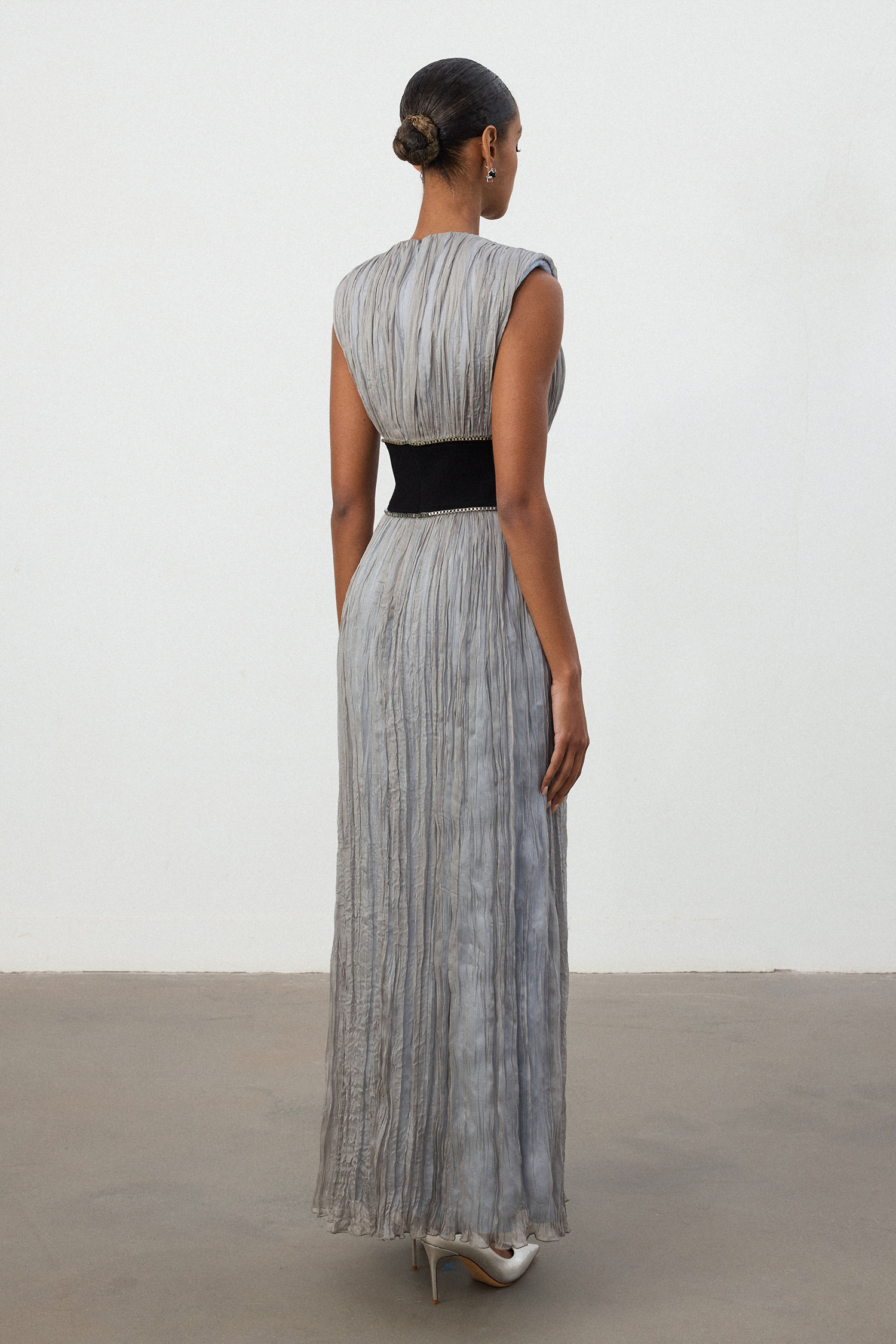Silver Pleated Contrast Waist Maxi Dress